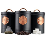 Tea Coffee & Sugar Canisters Bin Jar Storage 3pc Black/copper | Copper