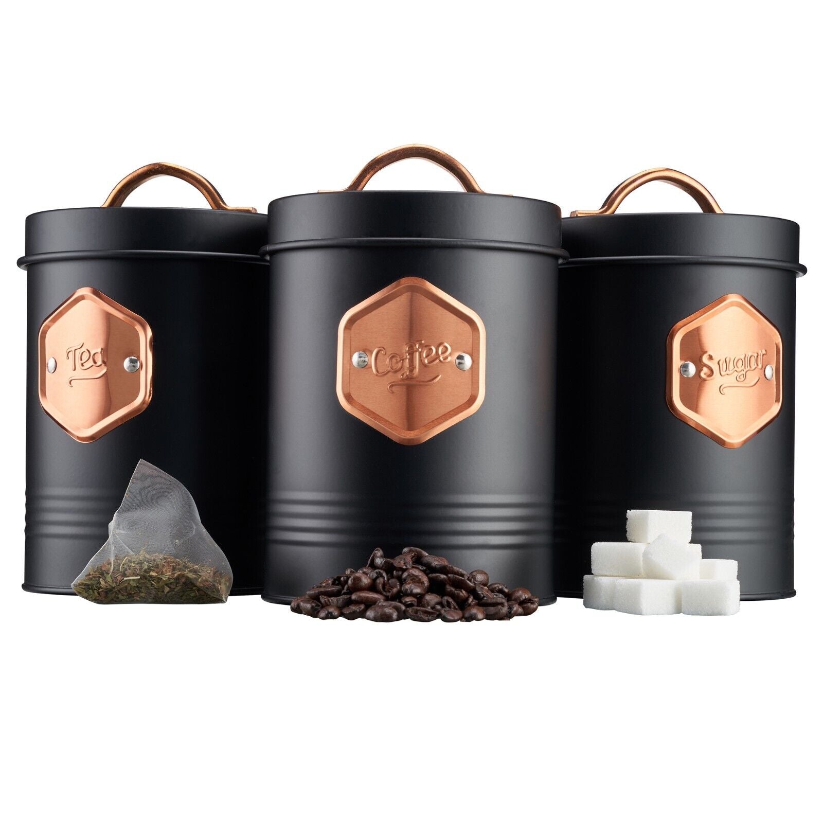 Tea Coffee & Sugar Canisters Bin Jar Storage 3pc Black/copper | Copper