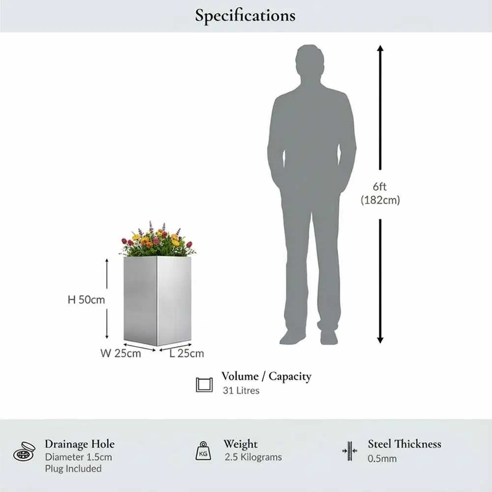 Zinc Galvanised Tall Square Planter | 25cm x 25cm x 50cm | Silver
