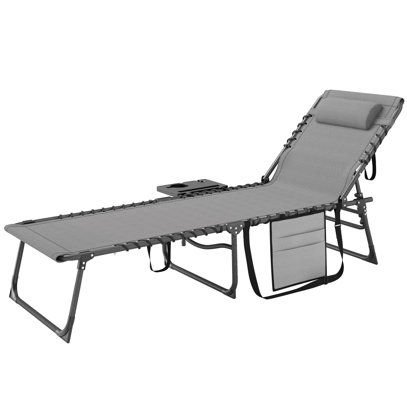 Folding Sun Lounger With 5-level Reclining Back, Side Table
