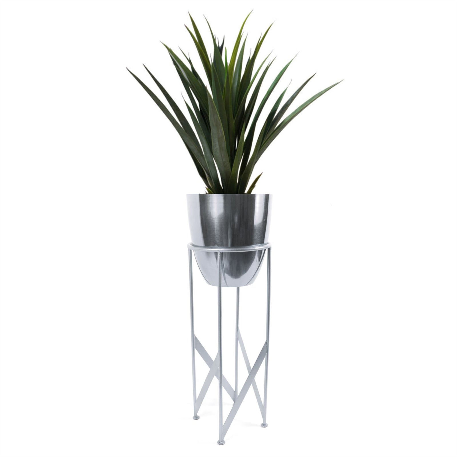 Artificial Yukka Plant Metal Planter Stand 90cm Tall Realistic Premium Botanik | Silver