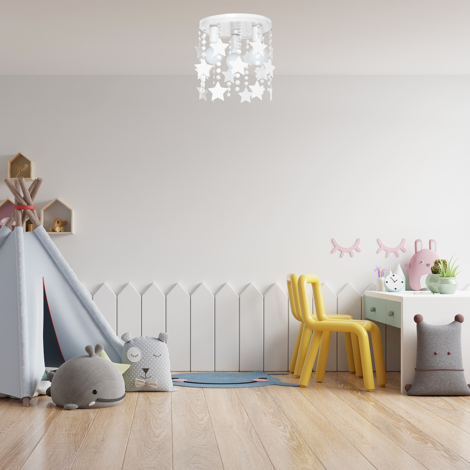 Ceiling Lamp Star 3xe27 Attractive Hand Made Chandelier With Suspended Crystals And Stars | White