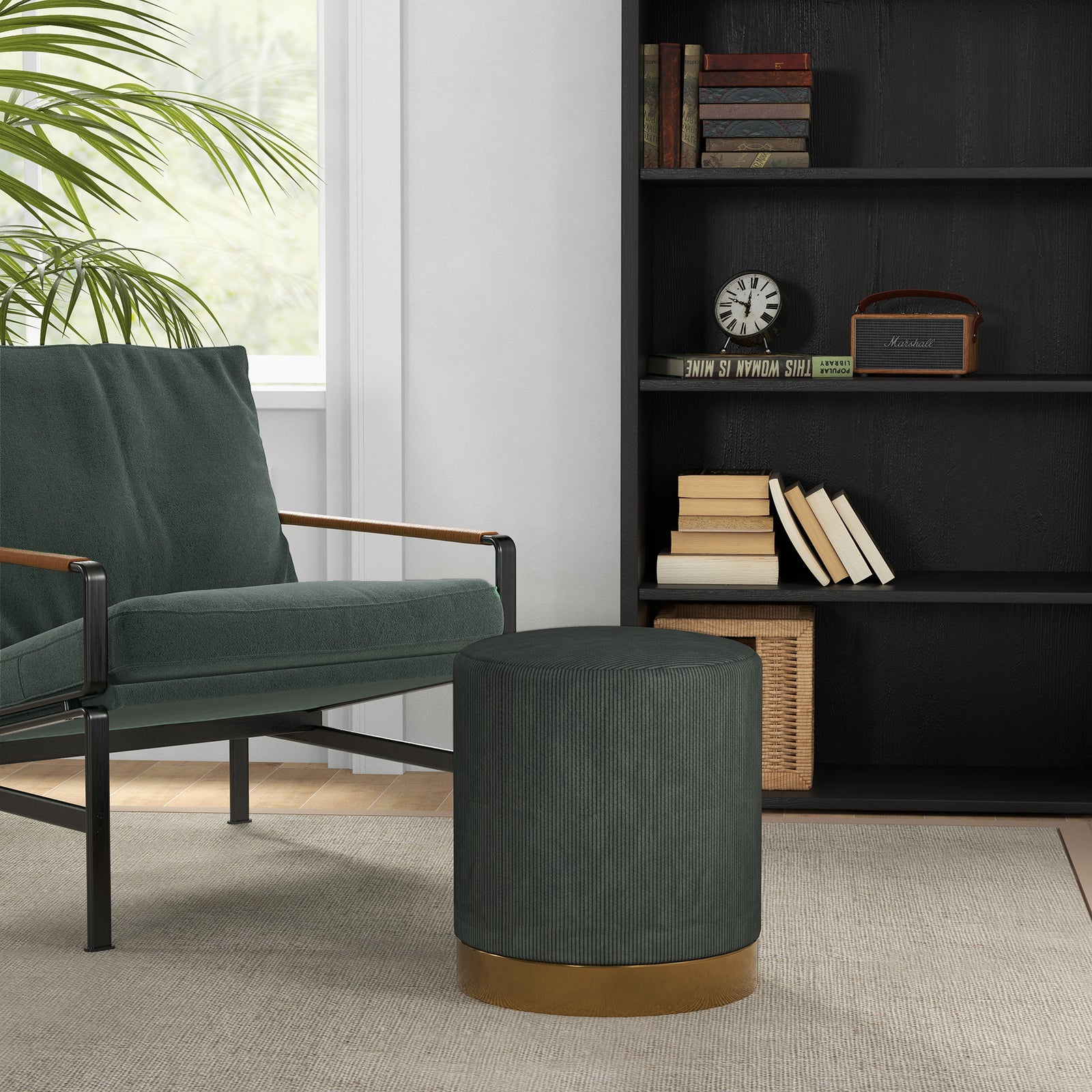 Modern Round Footstool, Fabric Upholstered Foot Rest | One Size | Green