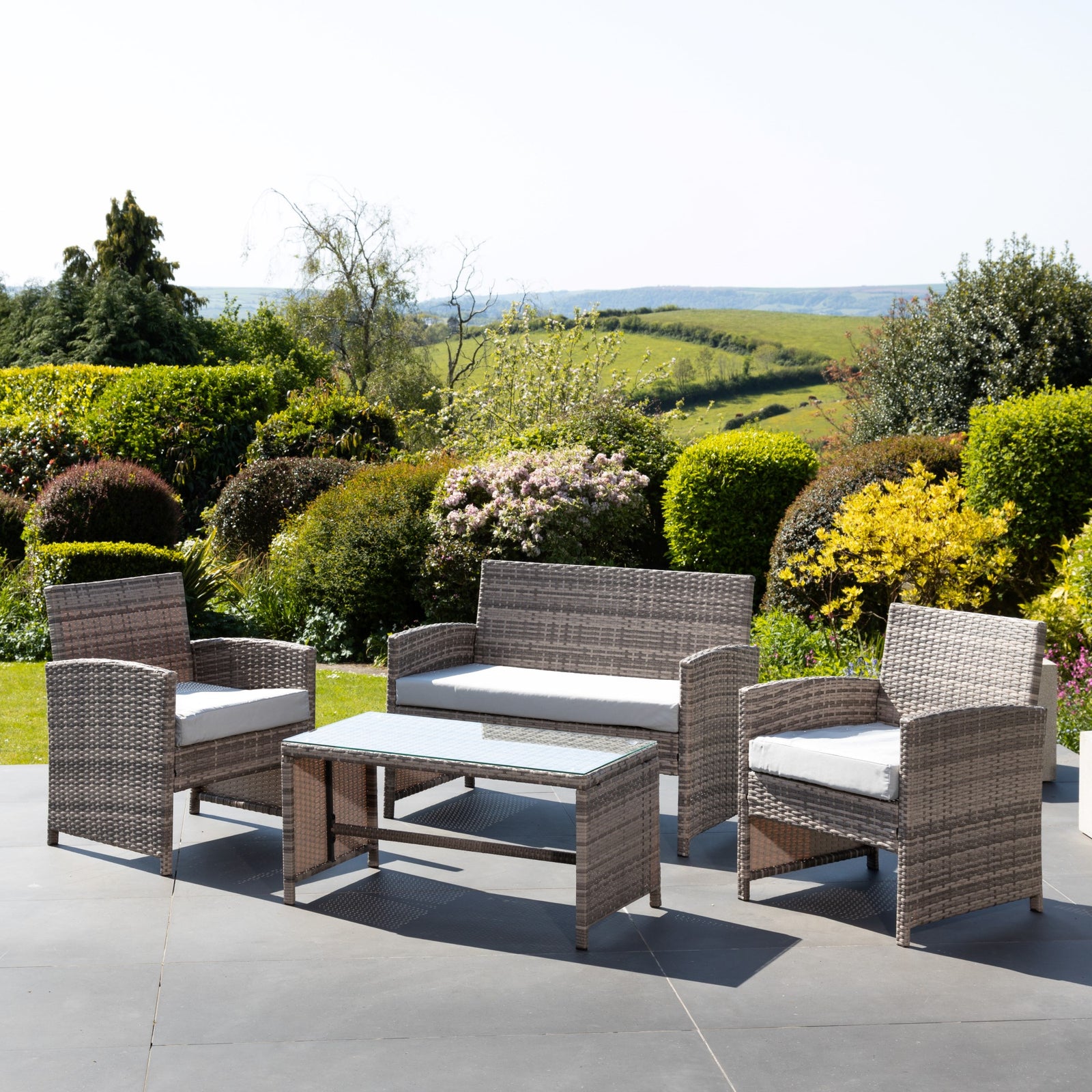 Arlo Grey Rattan Lounge Set - 2 Seat Sofa, 2 X Chairs + Table | Light Grey