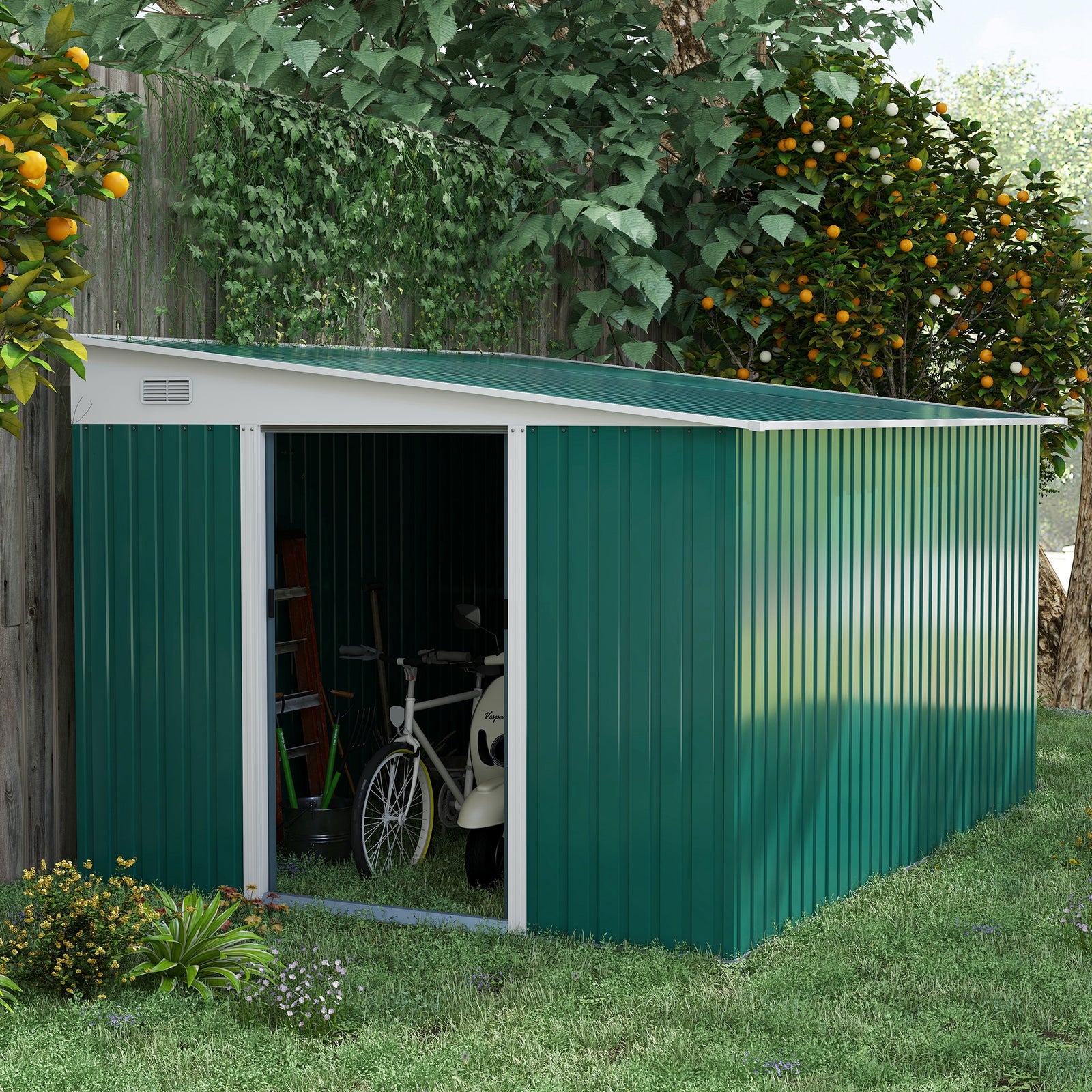 11.3x9.2ft Steel Garden Storage Shed Tool House With Doors | Green