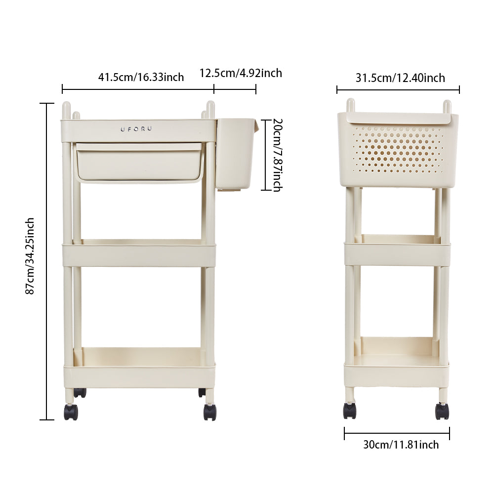 2/3/4-tier Rolling Storage Cart With Lockable Wheels Organizer Trolley With Hanging Baskets & Drawer | Medium | Cream
