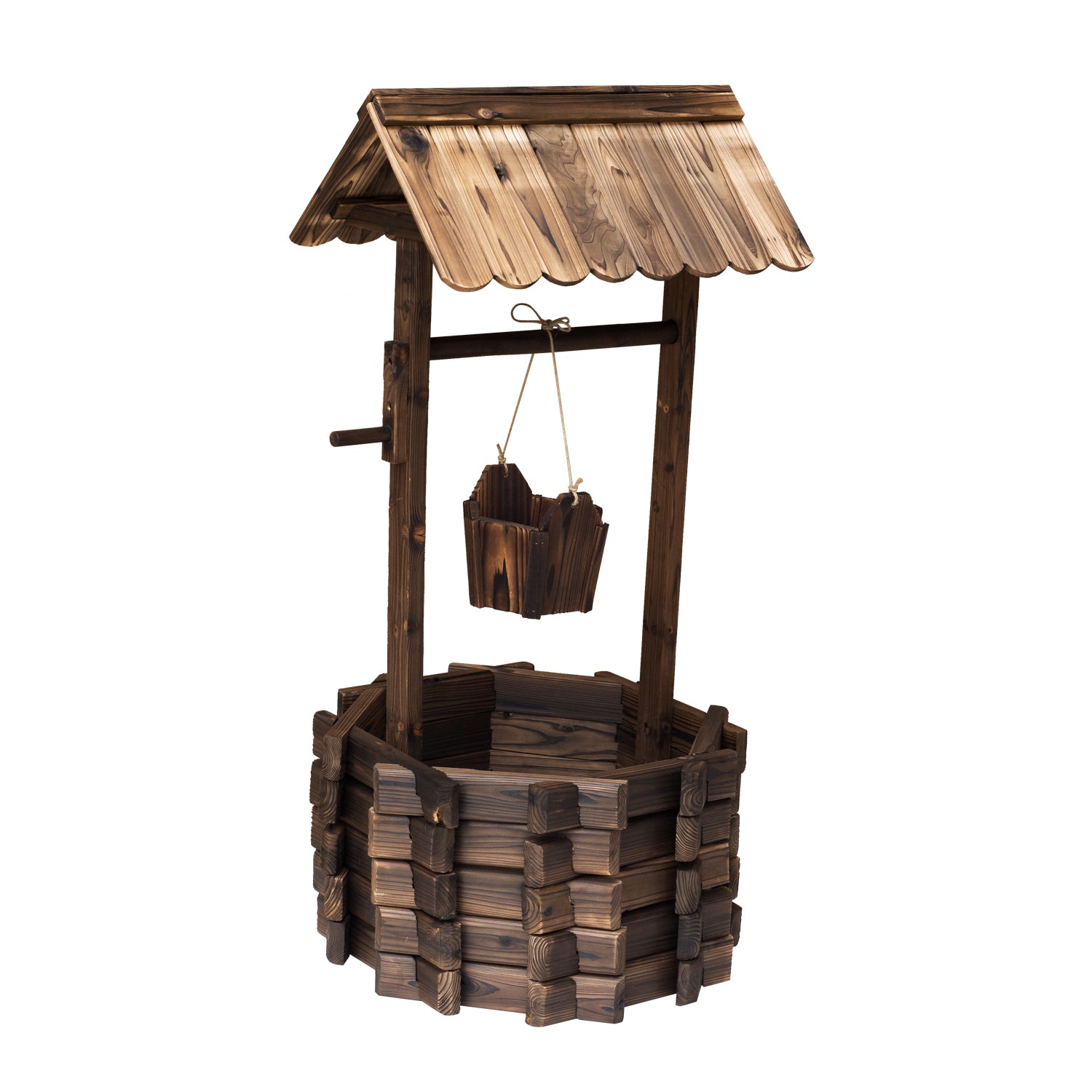 Wooden Wishing Well Planter For Garden, With Bucket