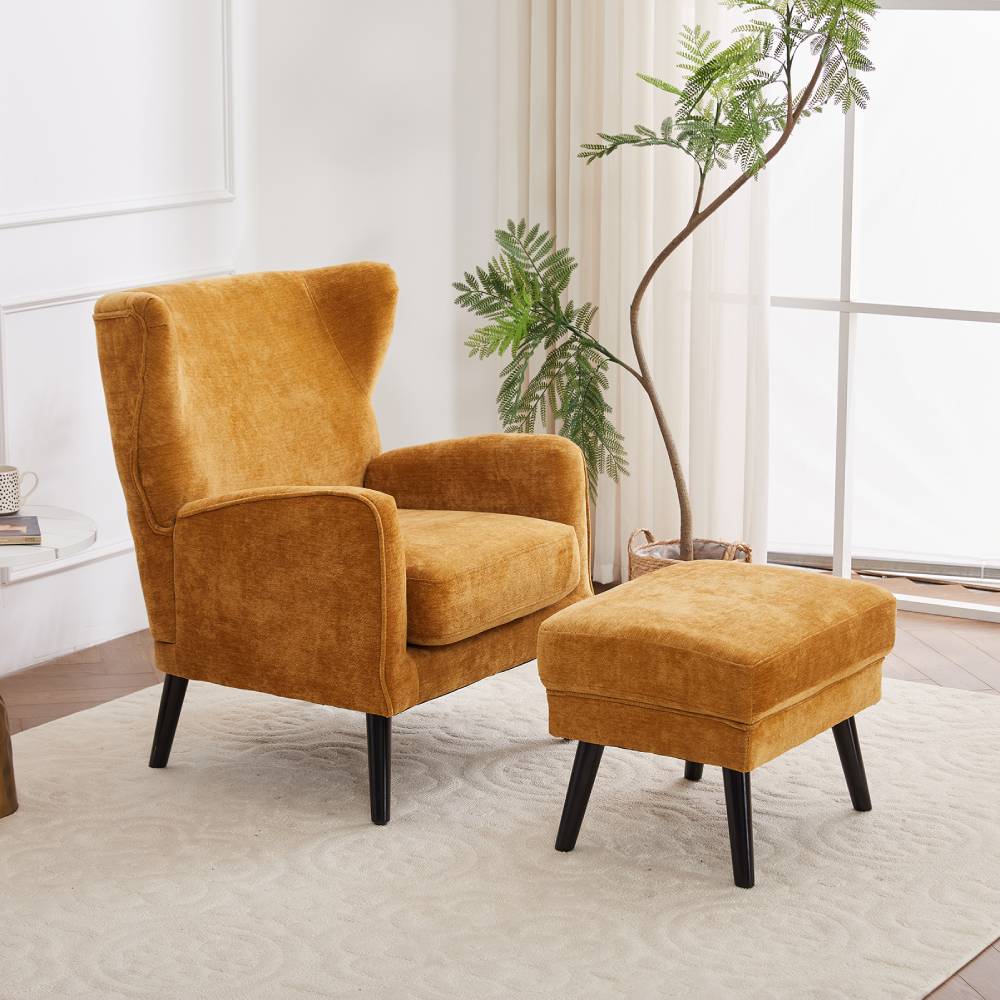 Vintage-inspired Chenille Leisure Chair With Footstool – Elegant Comfort & Durable Wooden Frame