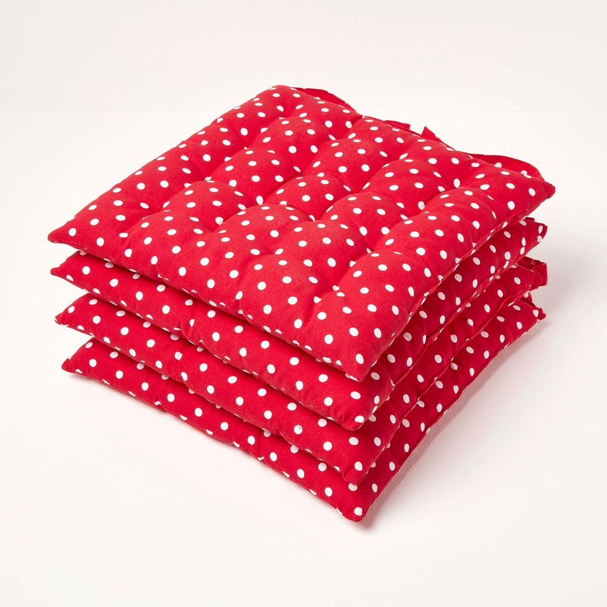 Red Polka Dot Seat Pad With Button Straps 100% Cotton, 40 X 40 Cm | Set of 4 | Red