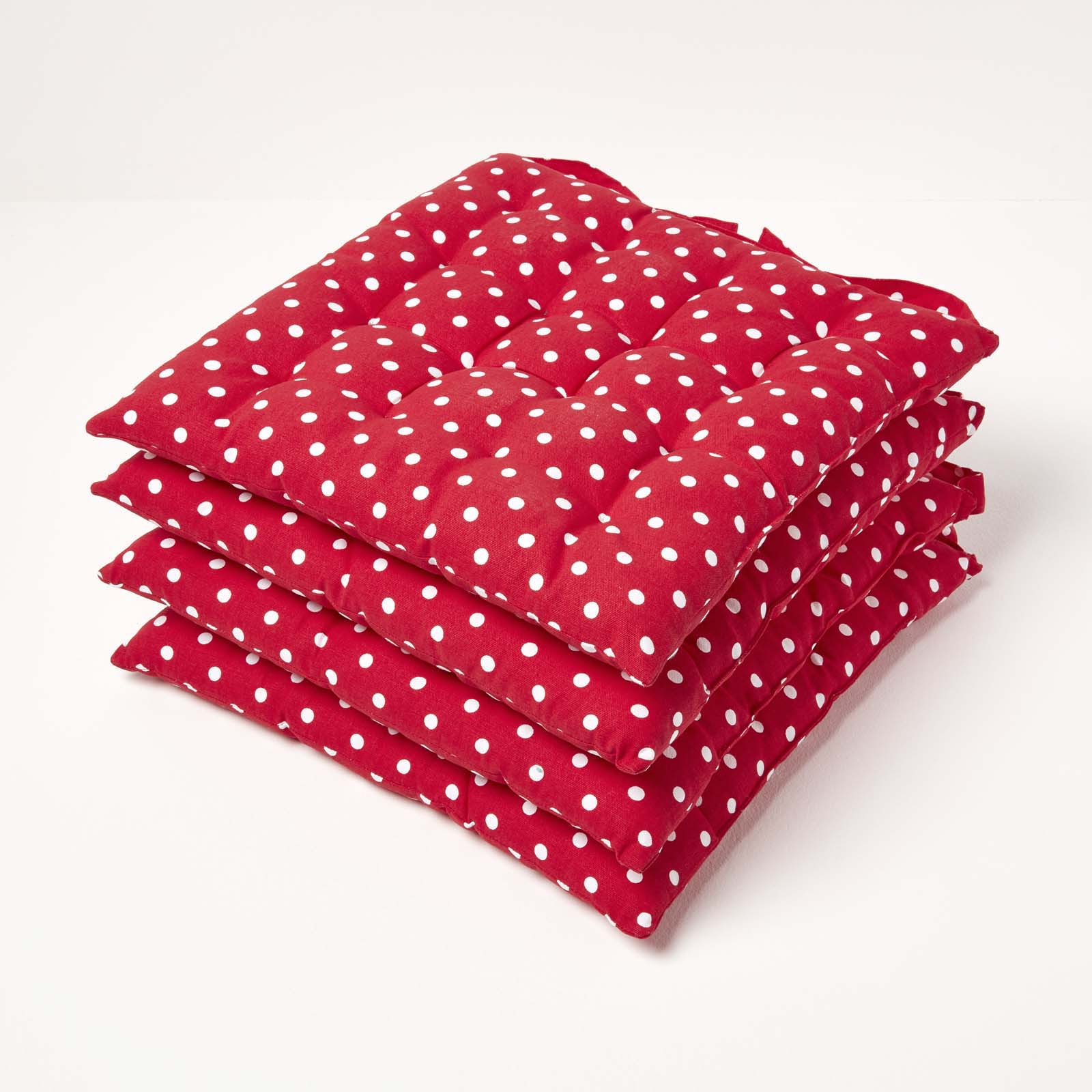 Red Polka Dot Seat Pad With Button Straps 100% Cotton, 40 X 40 Cm | Set-of-4 | Red