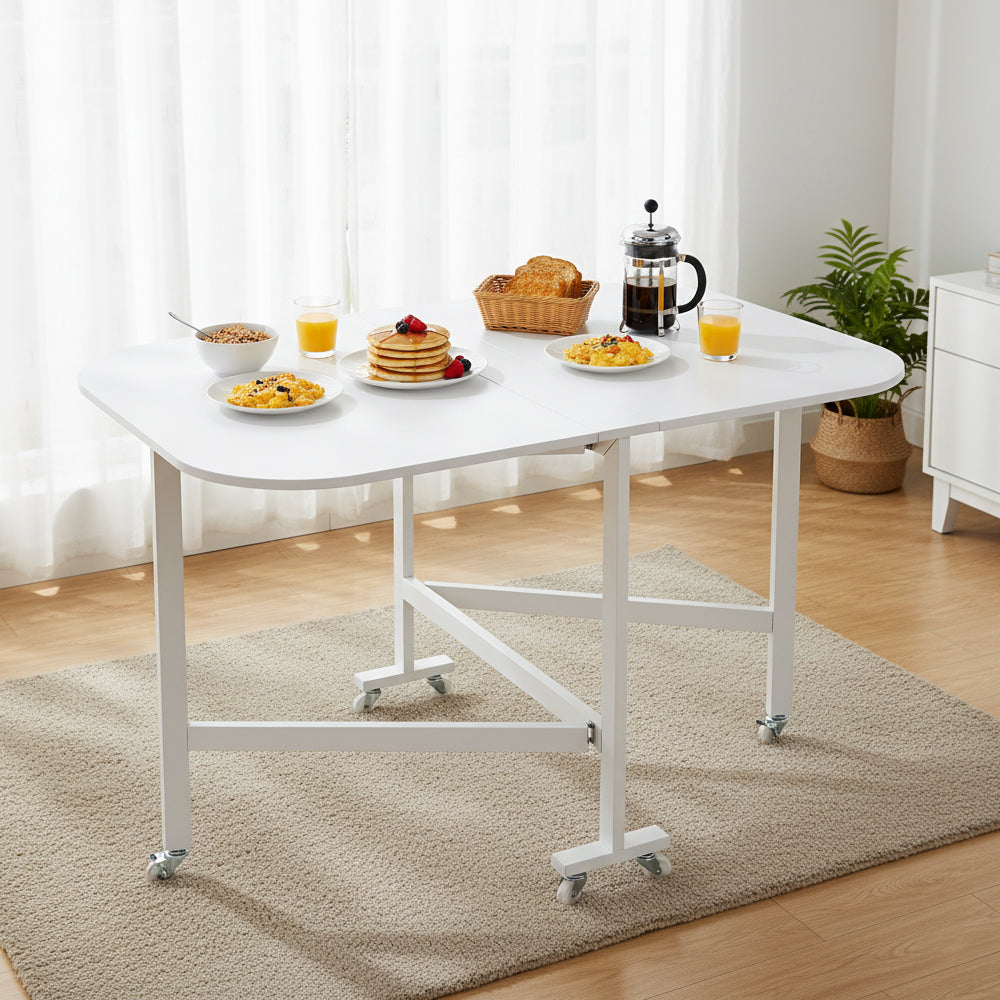 Folding Drop Leaf Table With 6 Wheels | White