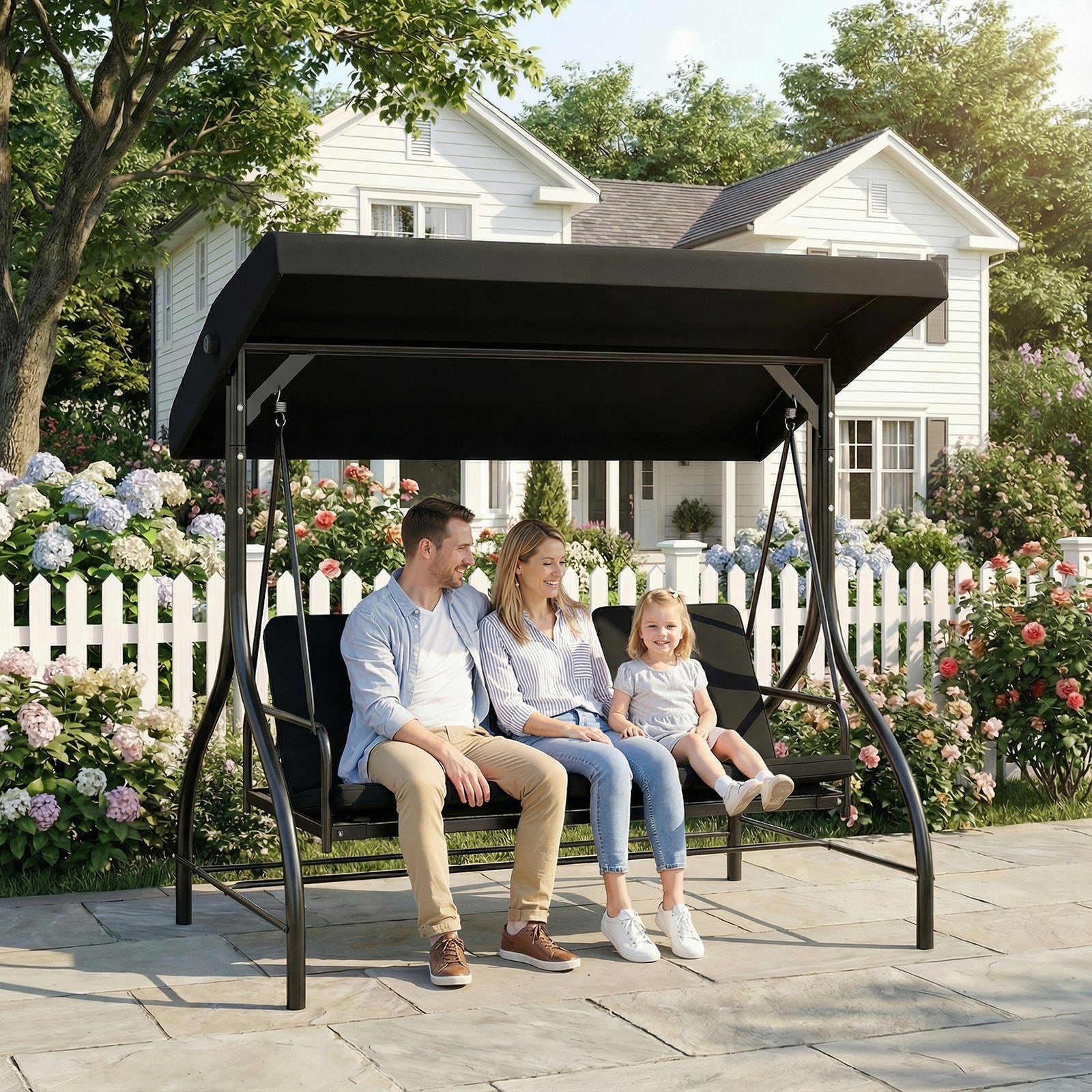 3 Seater Canopy Swing Chair Porch Hammock Bed | Black