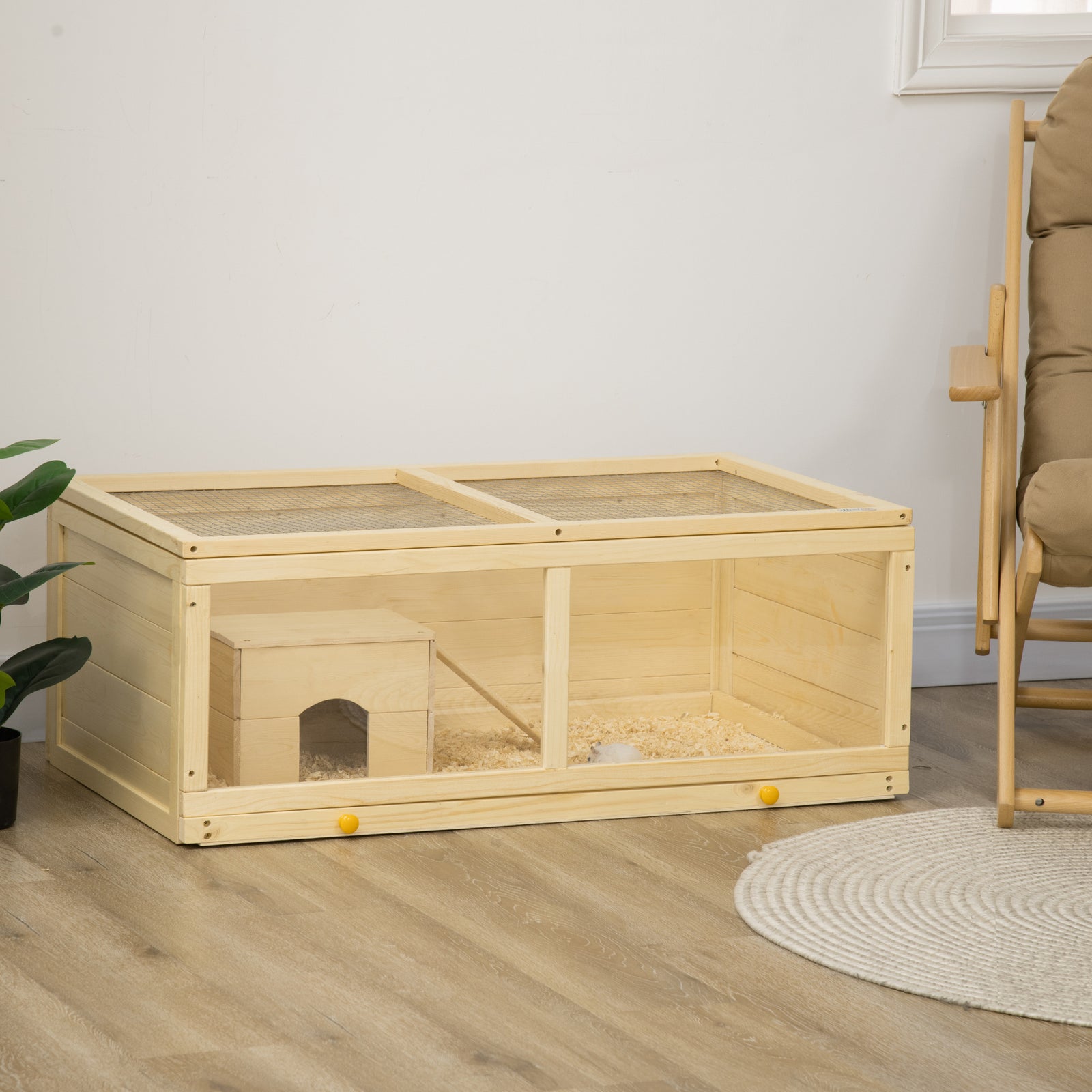 Pawhut Wooden Hamster Cage With Sliding Tray, Openable Top, Hut | Natural