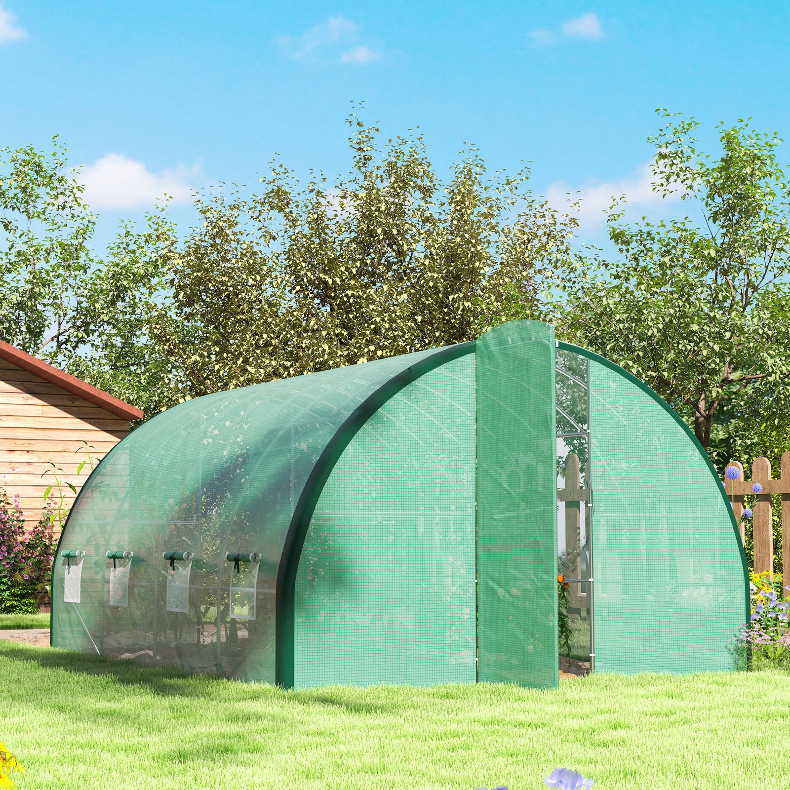 Tunnel Greenhouse, Upgraded Structure, Hinged Doors | Large | Green