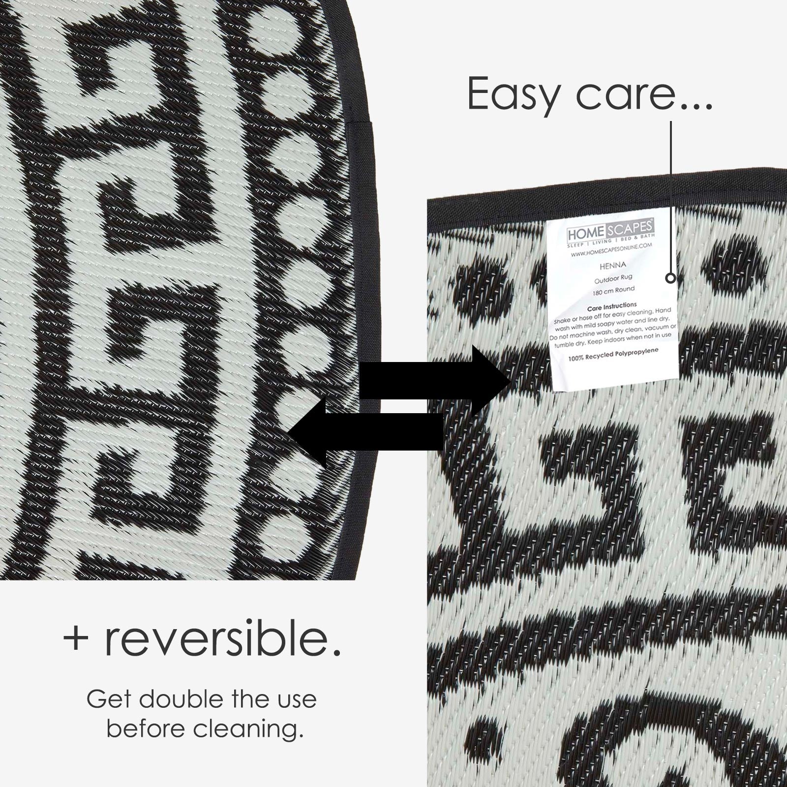 Luxury Outdoor Rug Waterproof Reversible Round For Garden Patio 100% Recycled, Black Enid Aztec