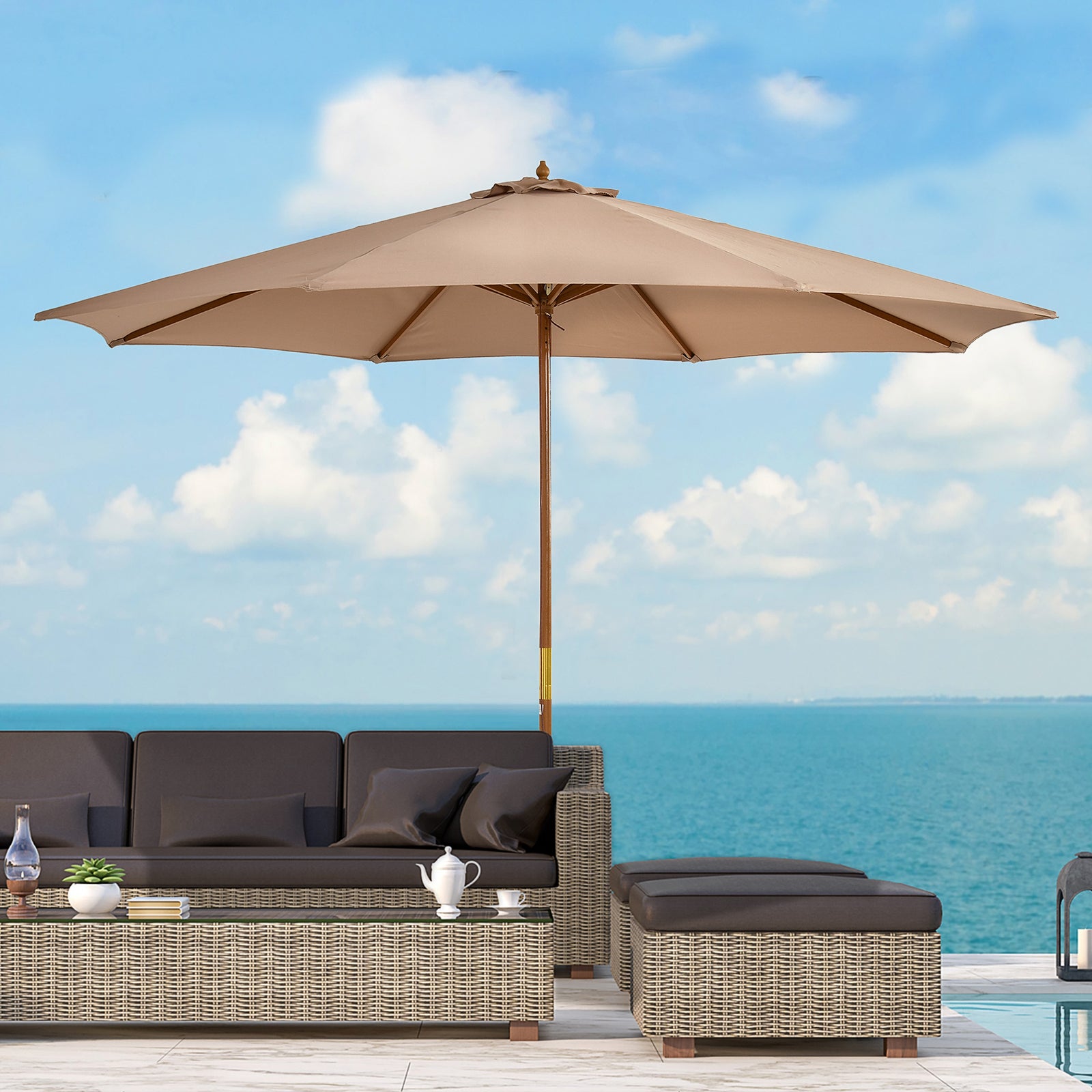 3m Wooden Bamboo Parasol Outdoor Umbrella Canopy | Khaki