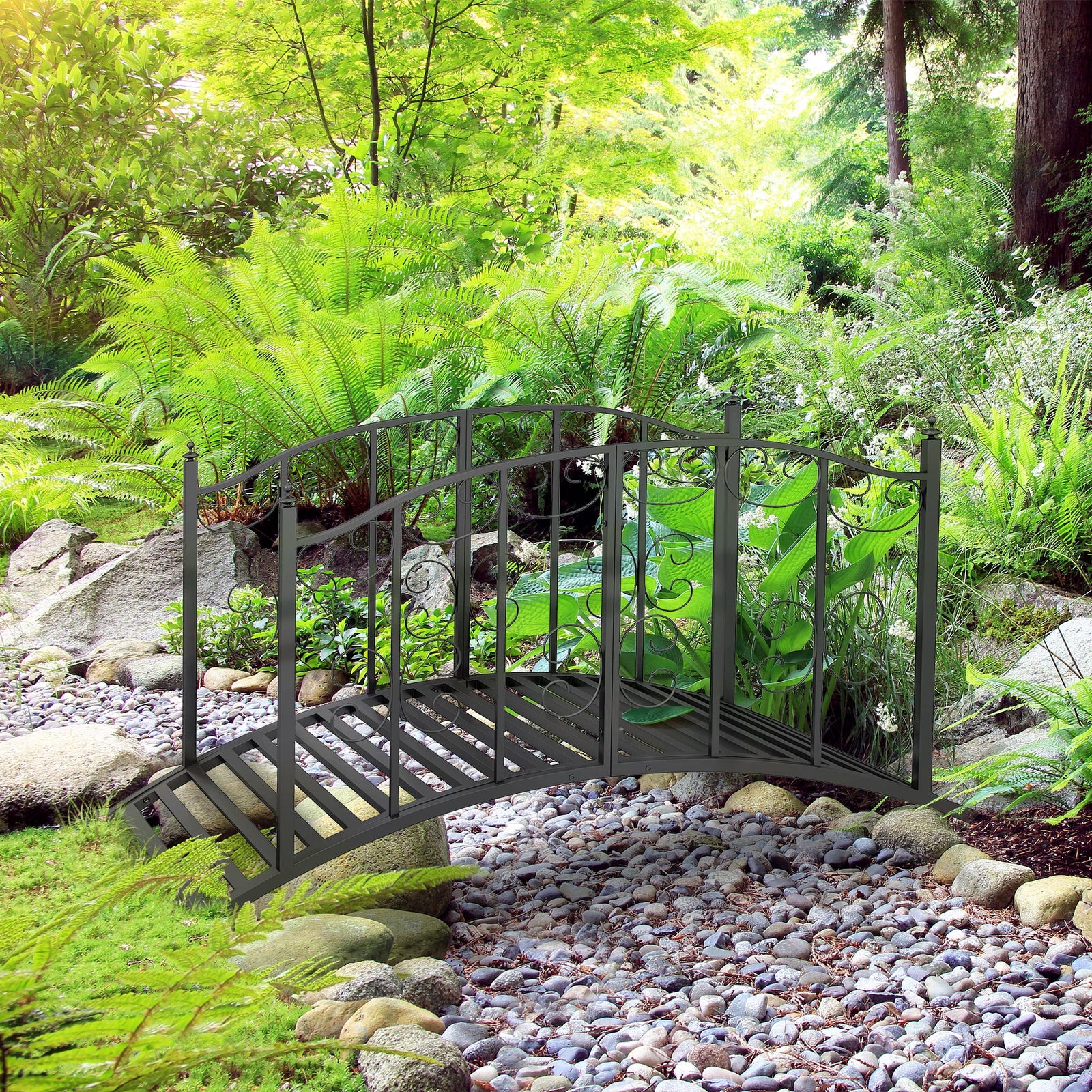 1.2m Metal Garden Bridge With Scrollwork, Retro Style, Black