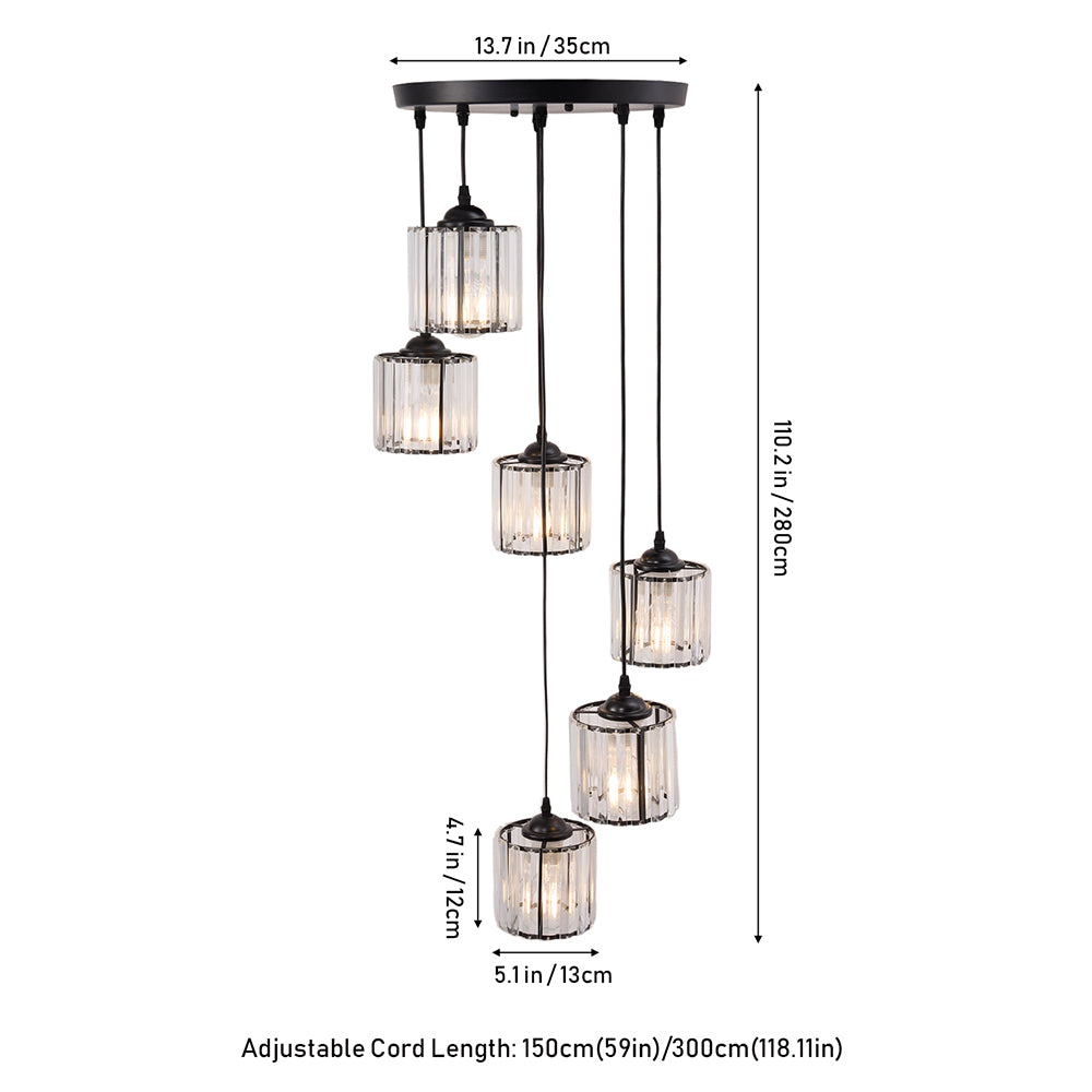 Modern 6-light Crystal Pendant Light Adjustable Linear Ceiling Fixture With Round Glass Shades