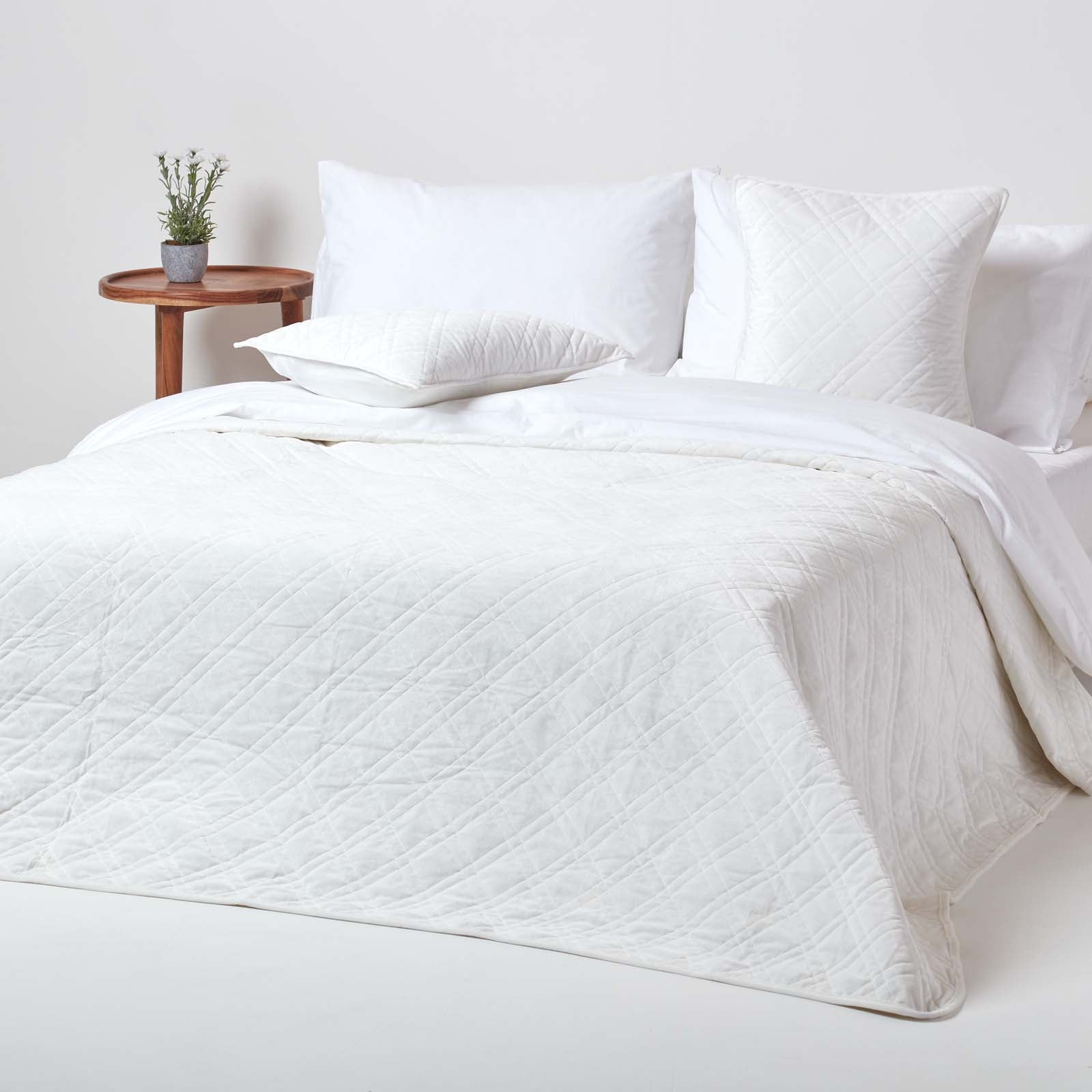 Paragon Diamond Pattern Geometric Velvet Bedspread | 200cm x 200cm | Cream