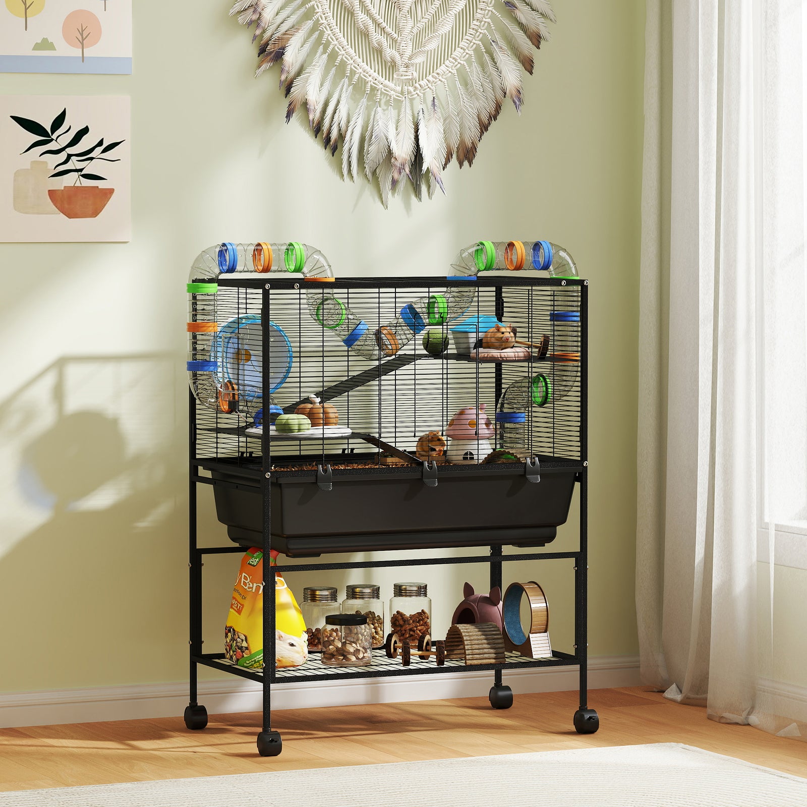 Pawhut Hamster Cage, 3 Tier Gerbil Cage On Wheels With Storage Shelf