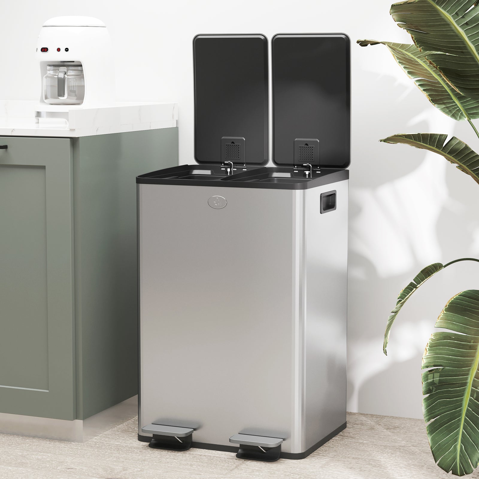 2 X 28l Dual Kitchen Bin Pedal Bin For Recycling And Waste | Silver