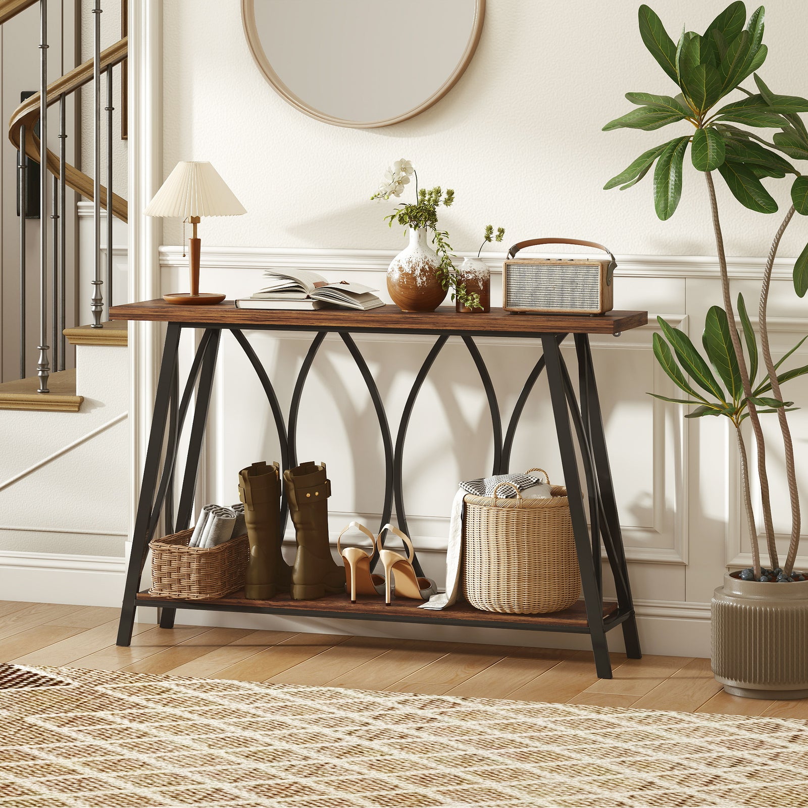 HOMCOM Console Table, Industrial Narrow Sofa Table With 2 Tiers, Metal Frame