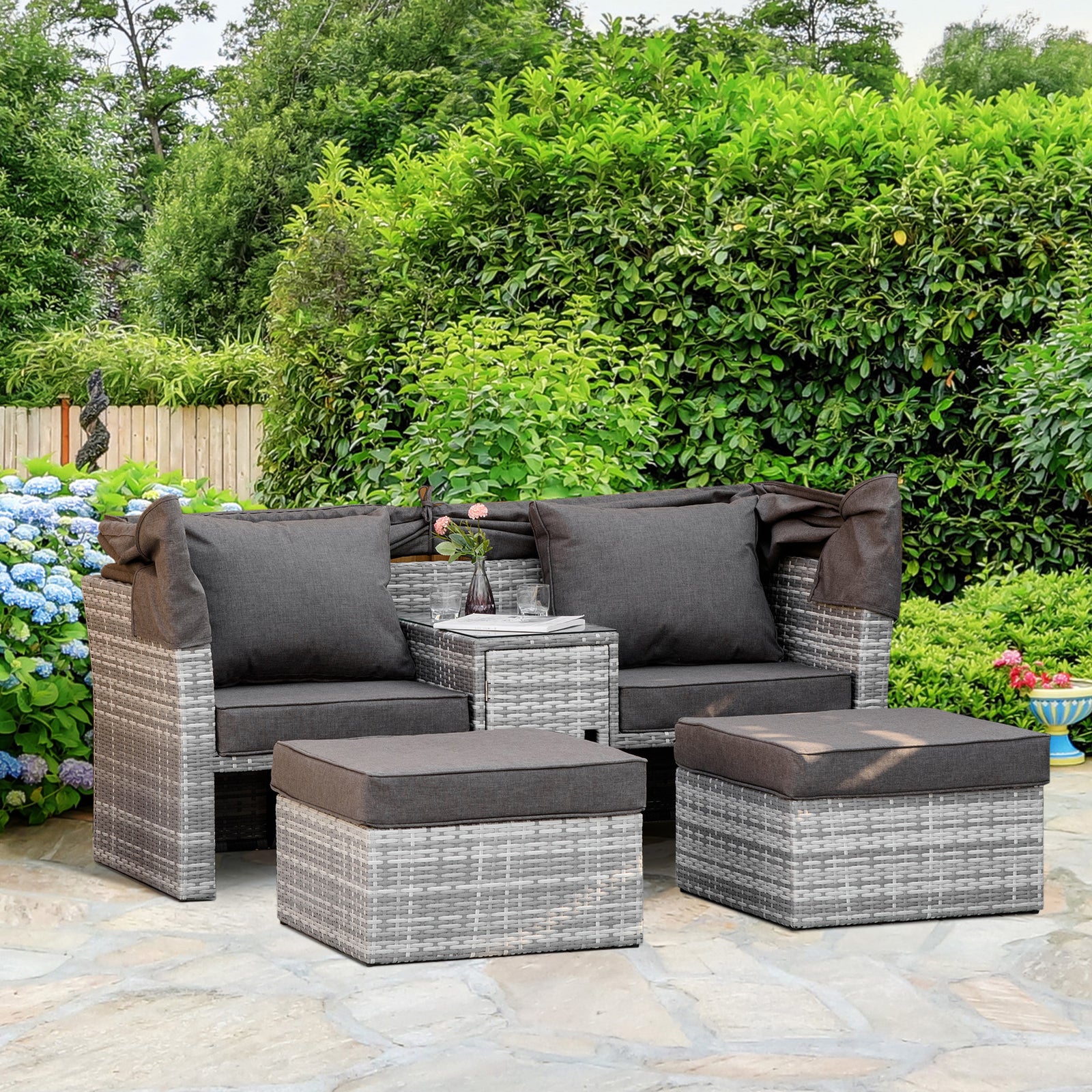 3 Pc Outdoor Rattan Daybed Sofa Table W/ Canopy