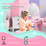Kids Dressing Table, Girls Vanity Set With Mirror And Stool, Unicorn