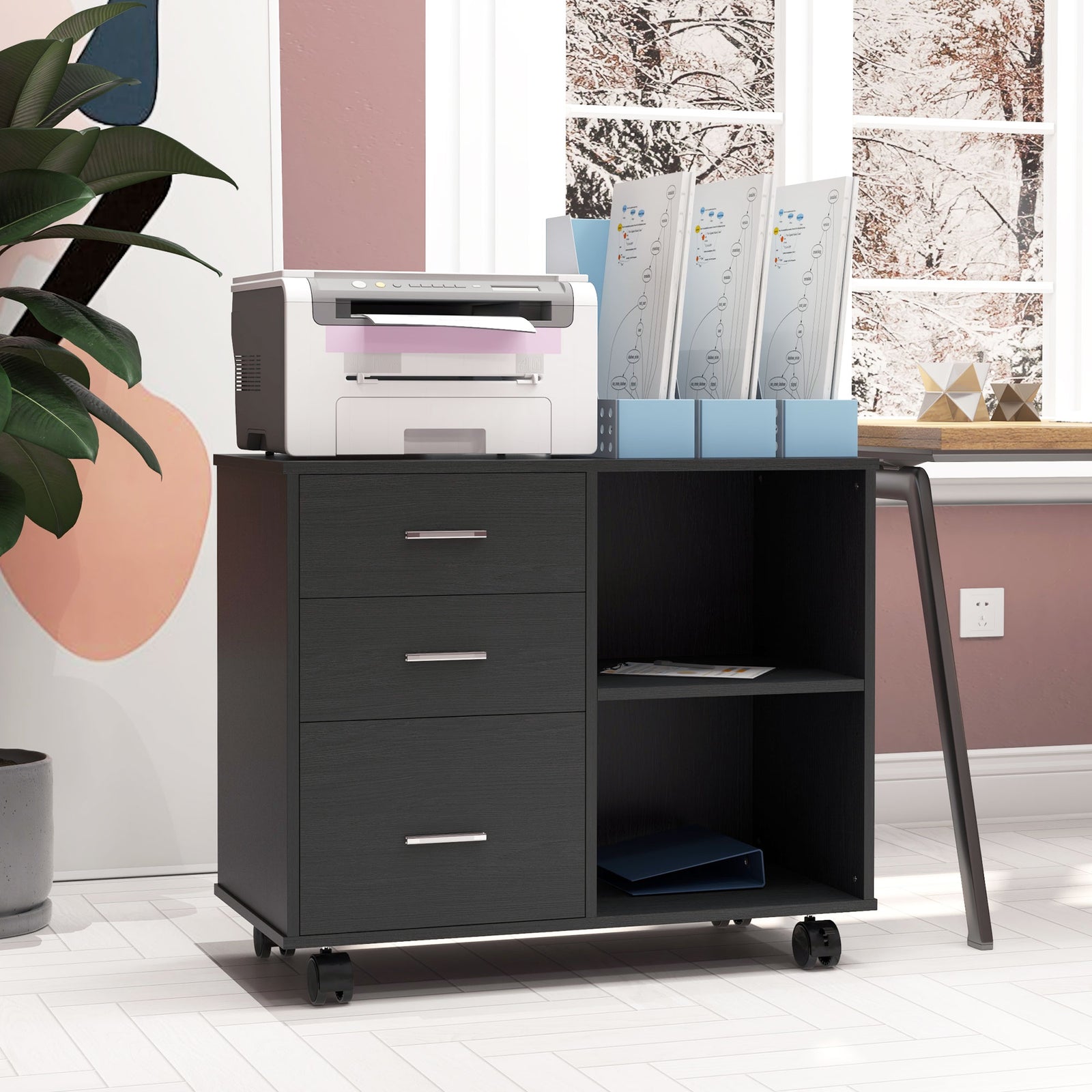Freestanding Storage Cabinet W/ 3 Drawers 2 Shelves 4 Wheels | One Size | Black