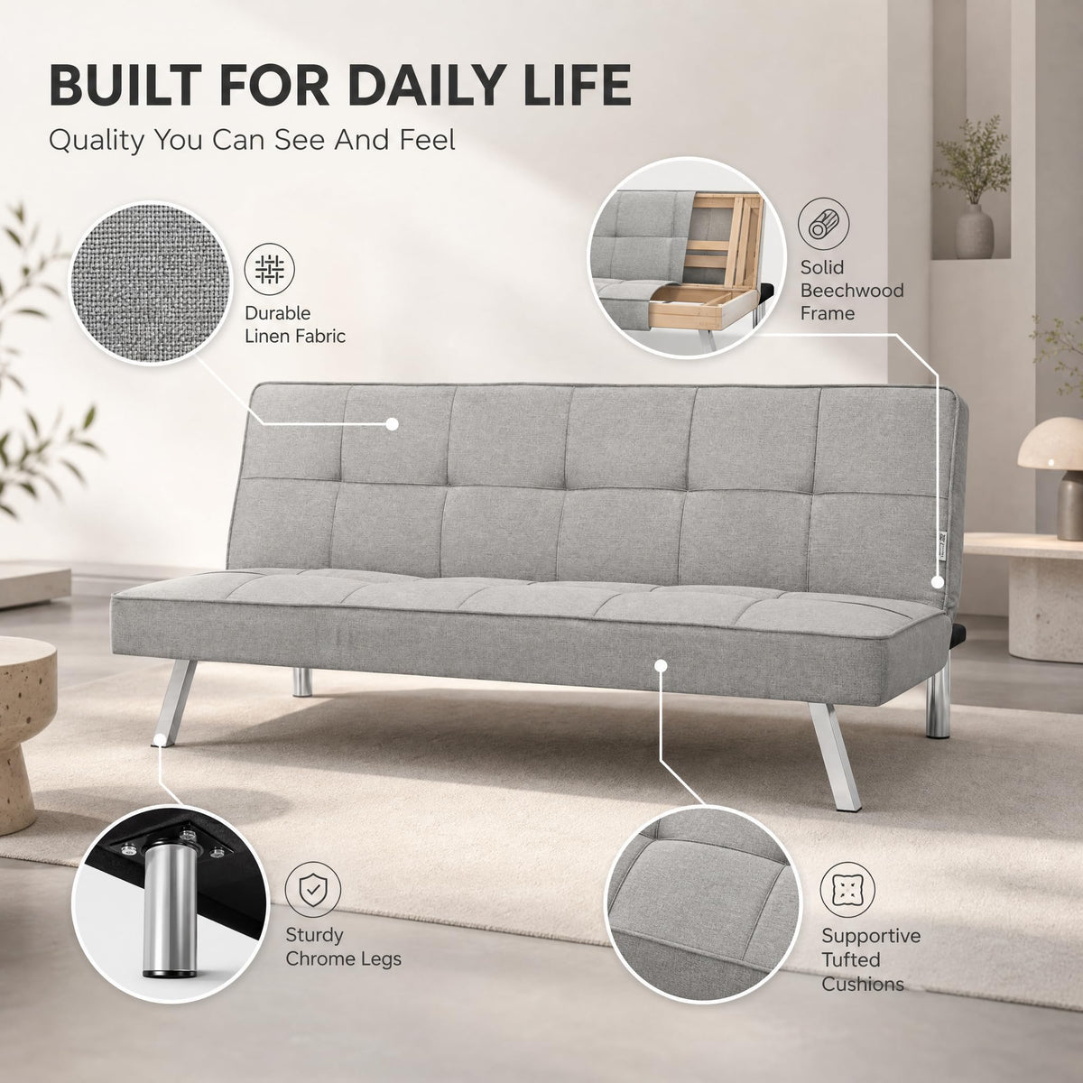 Britney Linen Sofa Bed 3 Seater | Grey