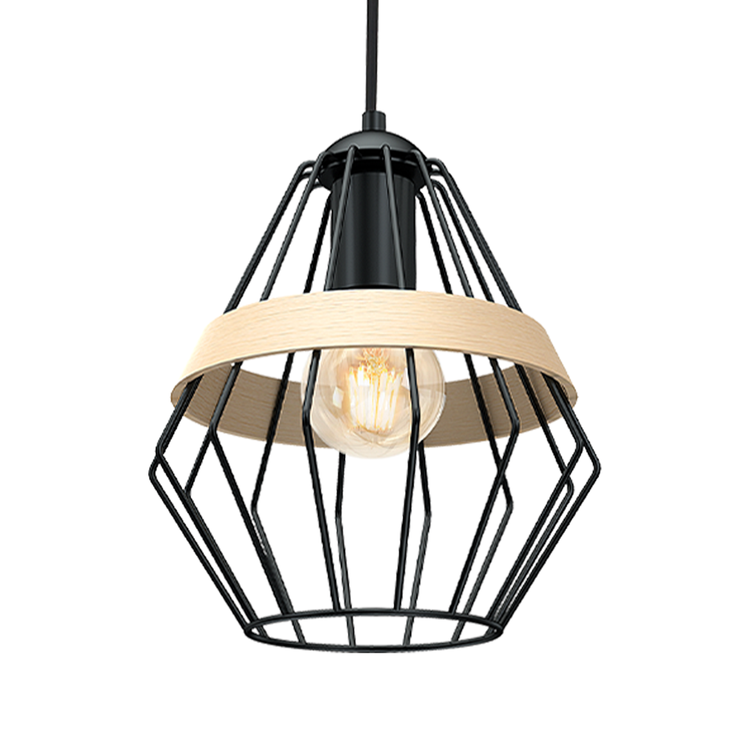 Cliff Black Pendant Lamp 1xe27 Hand Made Matt Black Cage Style Lamps With Natural Wood Detail