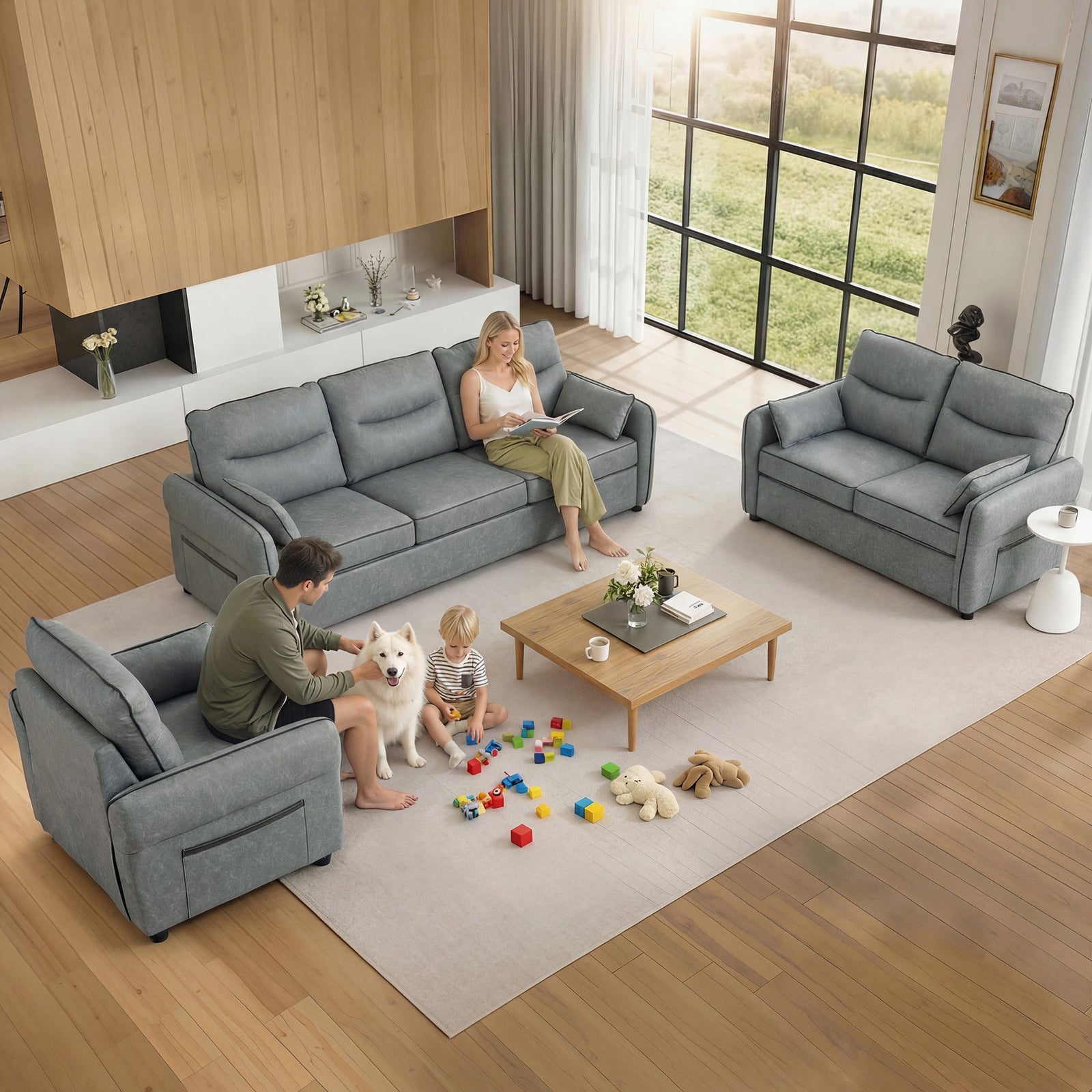 Modern Seater Sofa With Thick Cushion Side Pockets | L | Grey