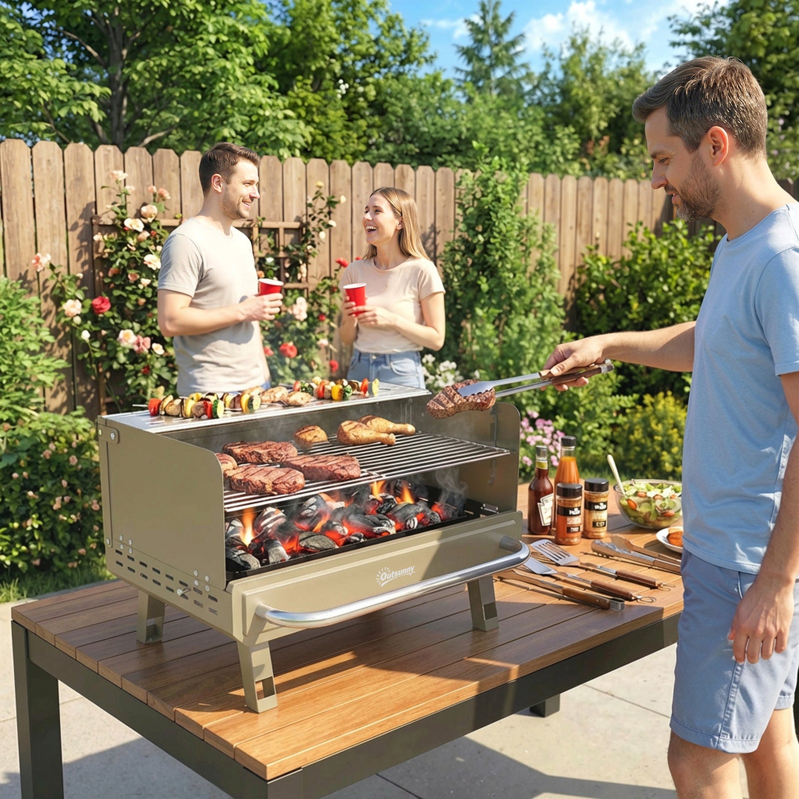 Portable Barbecue Grill With Adjustable Grates For Camping | Khaki