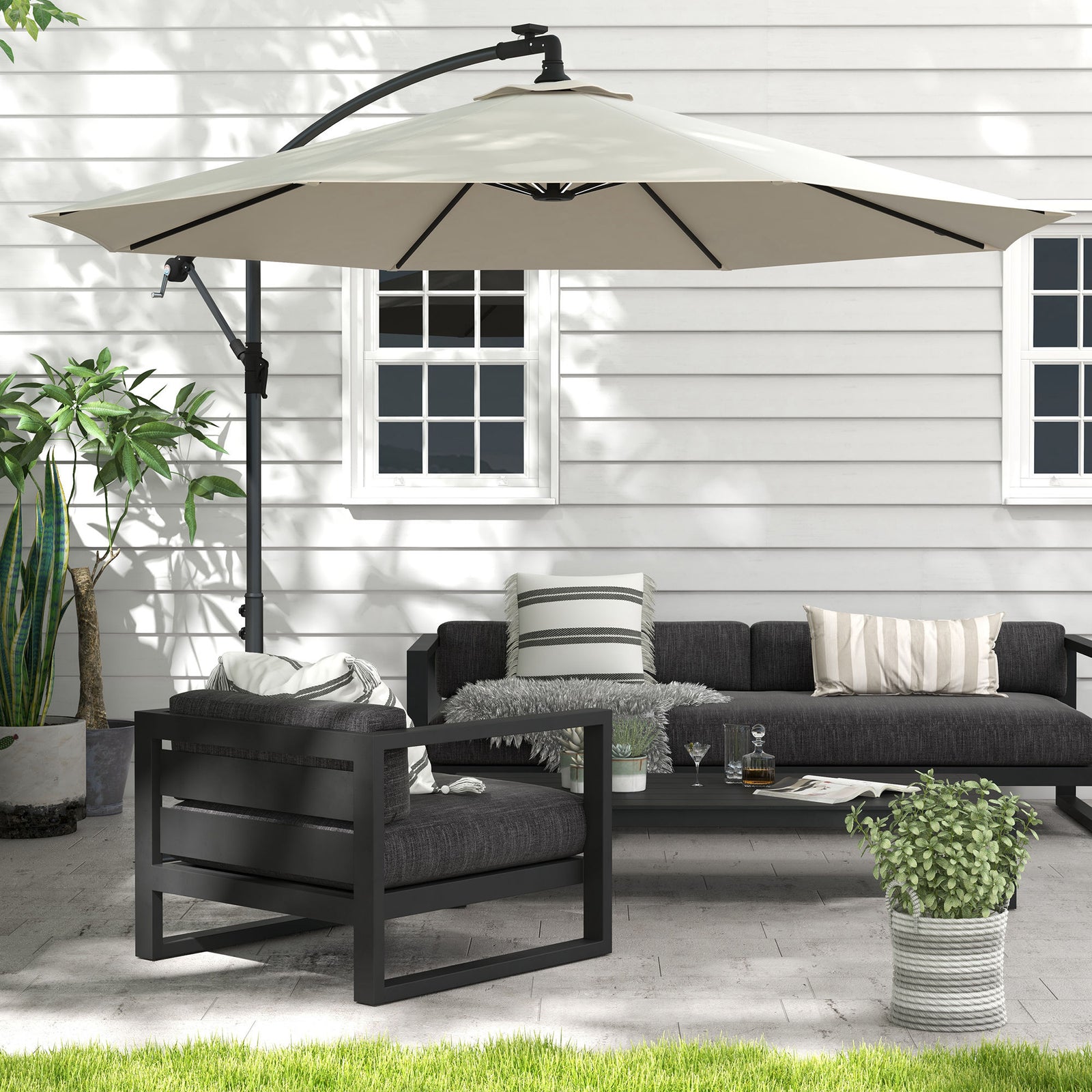 3m Led Patio Parasol W/ Solar Lights & Base | Beige