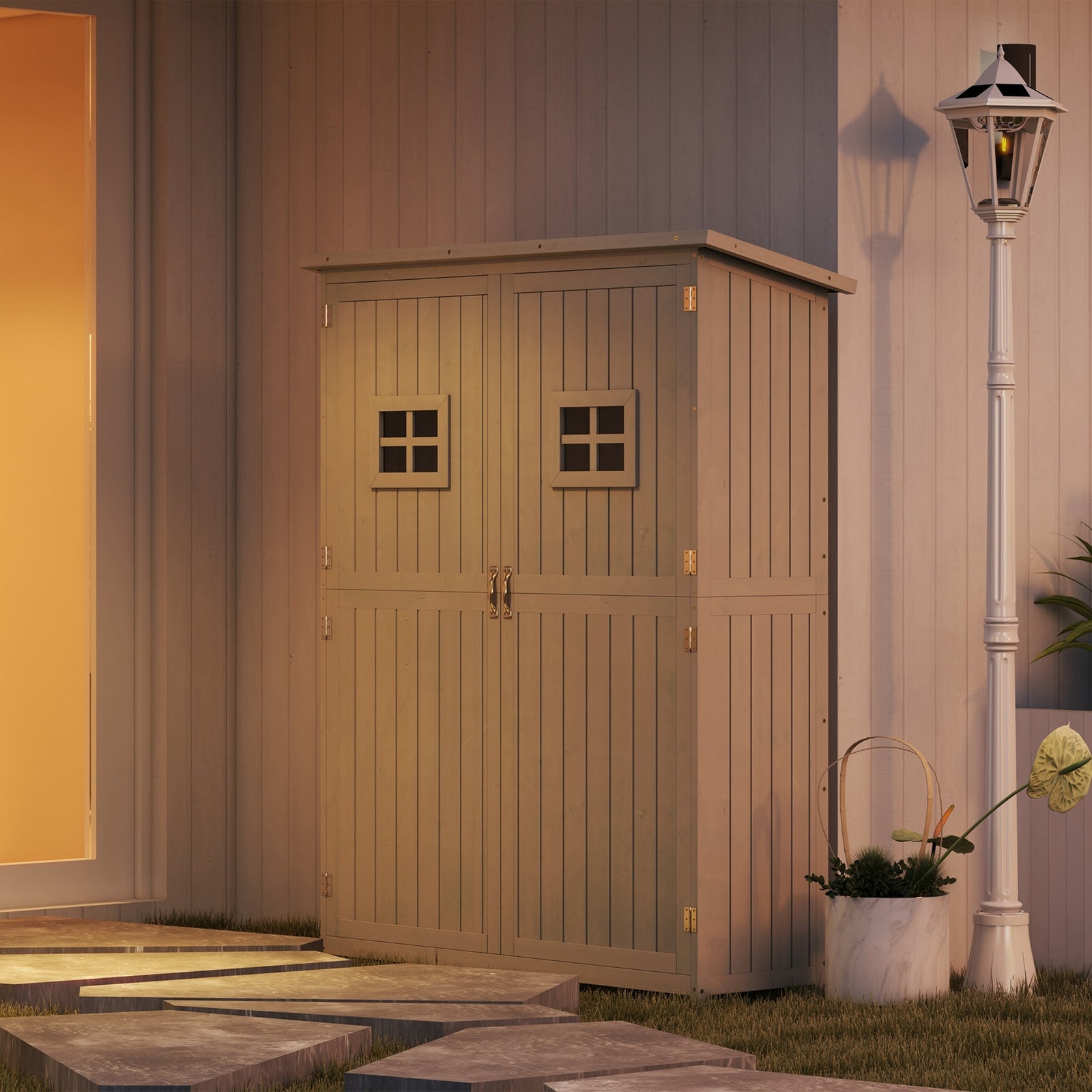 Wooden Garden Shed Tool Storage Cabinet Double Door Shelf