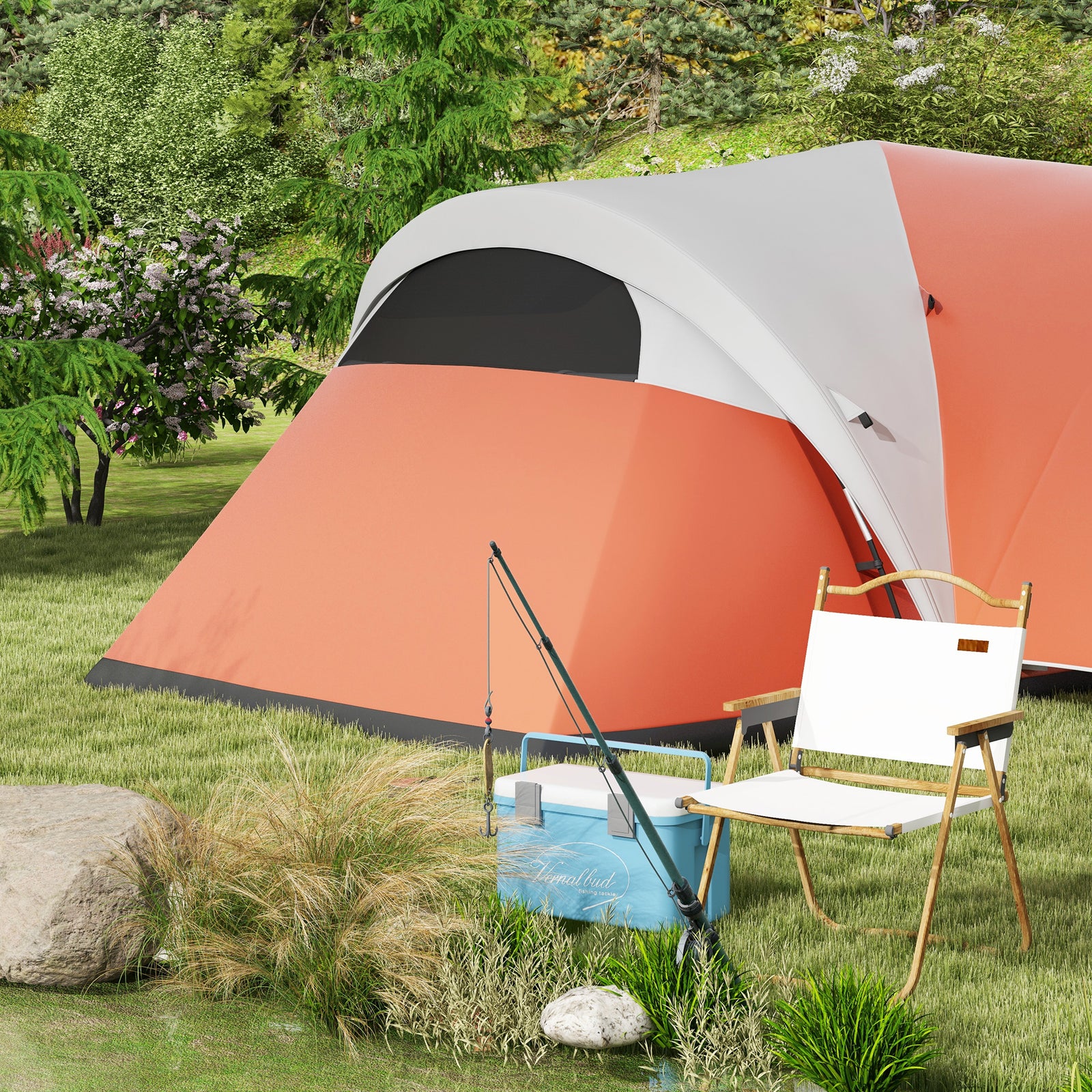 3000mm Waterproof Camping Tent W/ Porch Sewn In Groundsheet | Orange
