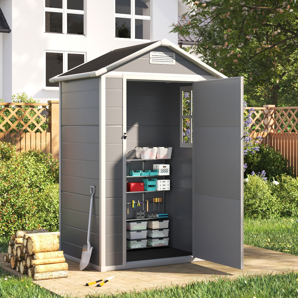 4.4x3.4ft Apex Roof Garden Plastic Storage Shed With Lockable Door | Medium | Black & Grey