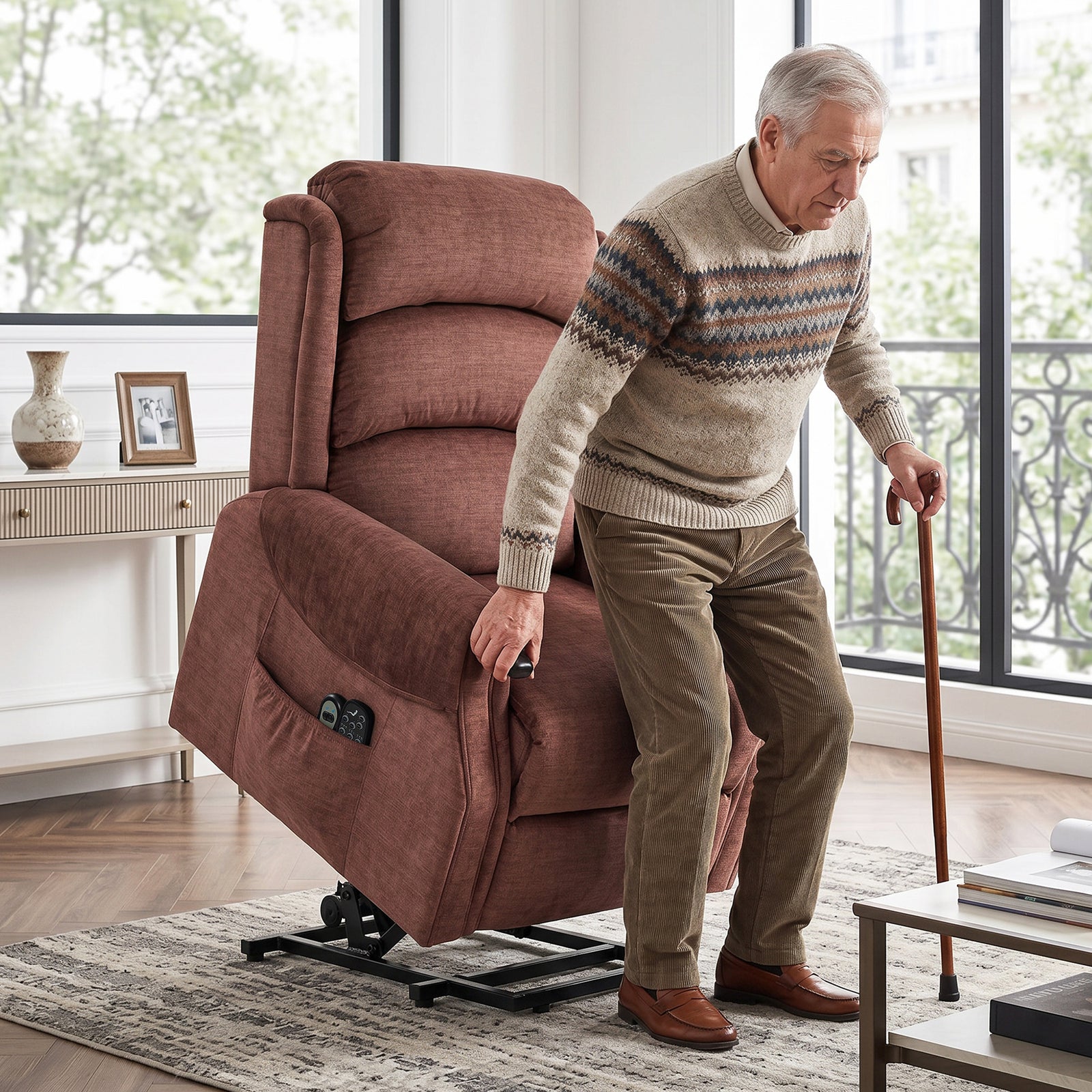 Power Lift Recliner Chair With Vibration And Heat, Wood Grip | Brown