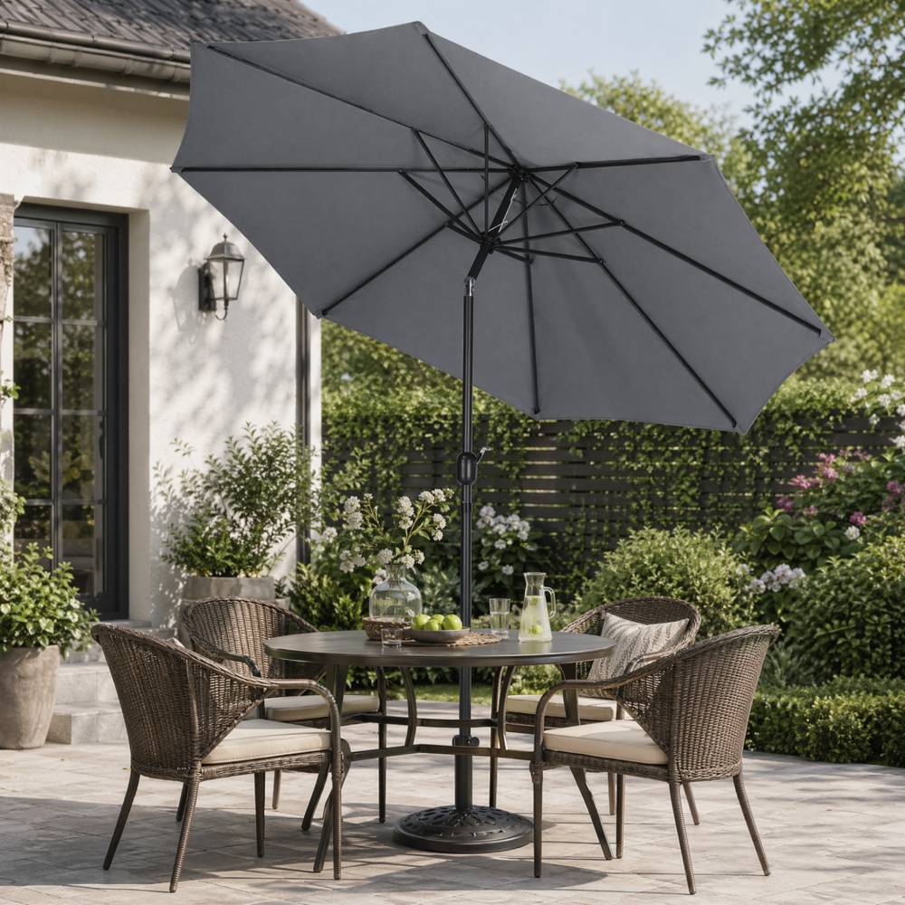 3m Garden Parasol Adjustable Tilting Parasol With Crank Handle With Classic Design Heavy-duty Round Base | One Size | Grey