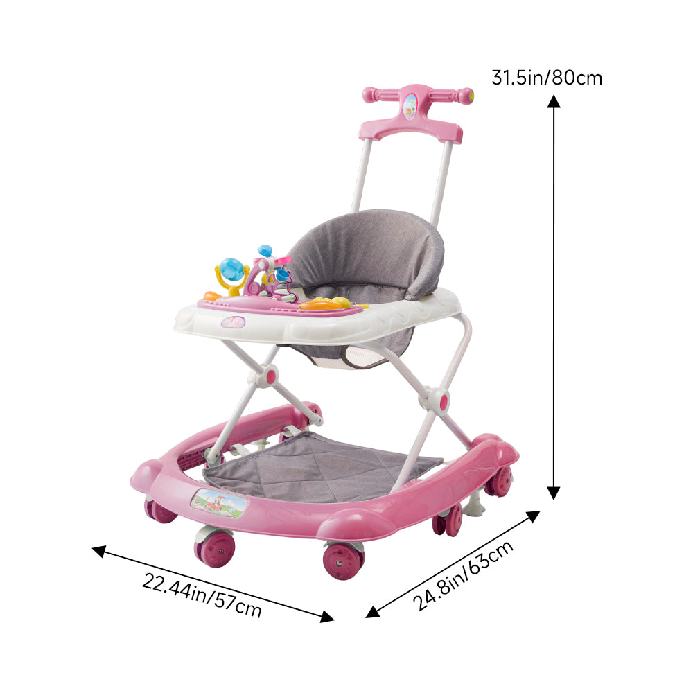 Adjustable Baby Walker, Foldable Walker, Multifunctional Baby Walker, Feeding Tray, Interactive Music, Toys, Wheel Safety Breaks | Pink