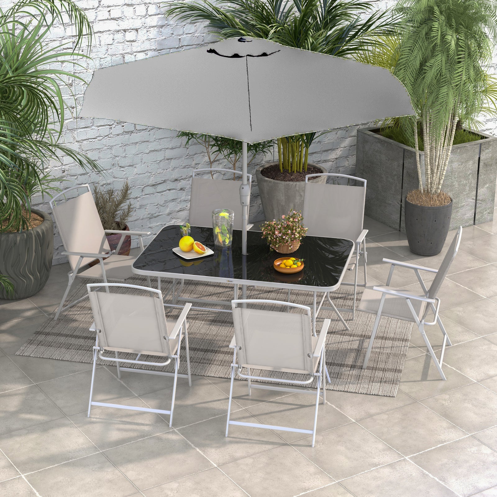 8 Pieces Garden Furniture Set W/ Parasol And Folding Chairs