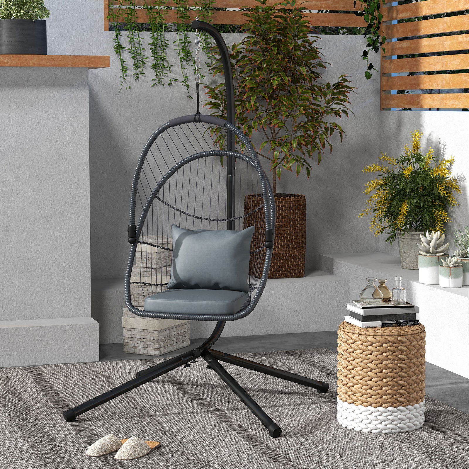 Rattan Chair With Cushion, Foldable Basket, 360° Rotation