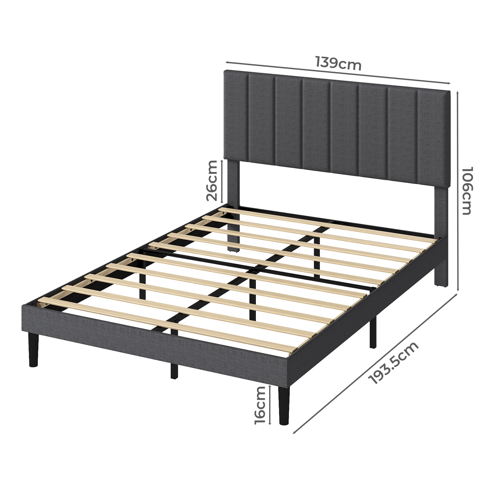 Upholstered Linen Bed Frame With Foam Headboard | Double | Dark Grey