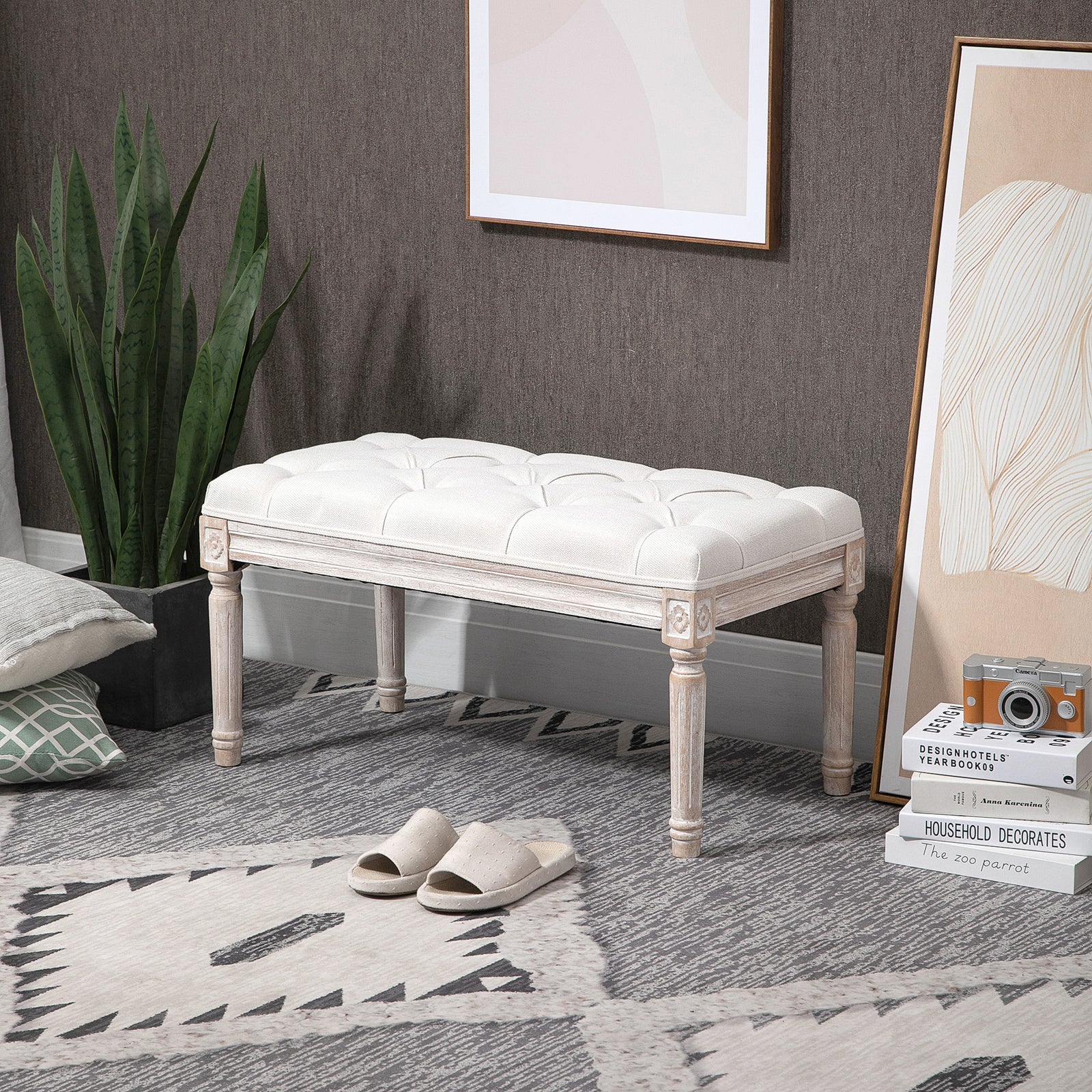 End Of Bed Bench, Tufted Upholstered Foot Stool | Medium | Cream
