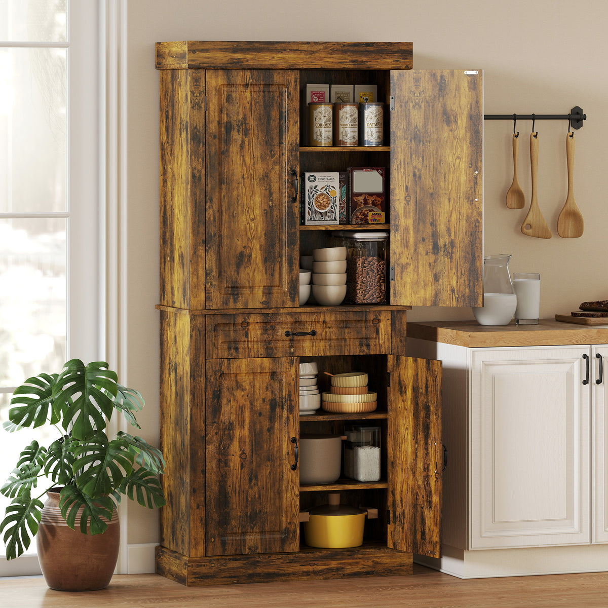 HOMCOM 180cm Kitchen Pantry, Kitchenstorage Cabinet With Shelves, Brown