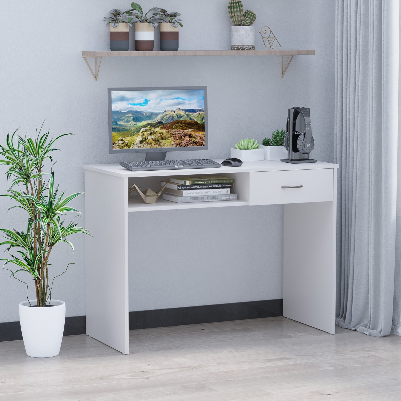 Modern Computer Desk With Shelf, Drawer