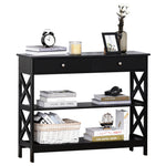 Console Table Side Desk Shelves Drawers Open Top X Support | One Size | Black
