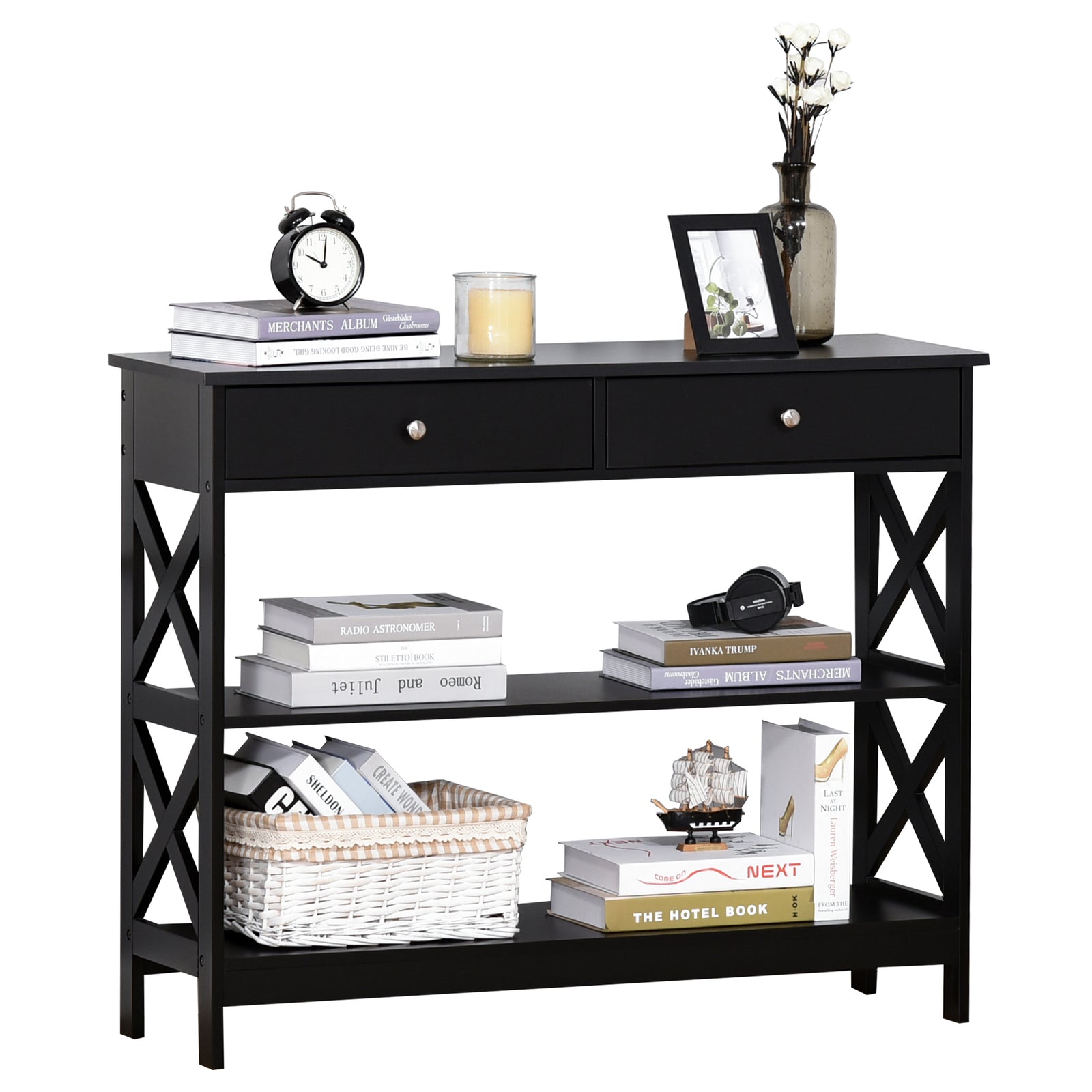 Console Table Side Desk Shelves Drawers Open Top X Support | One Size | Black