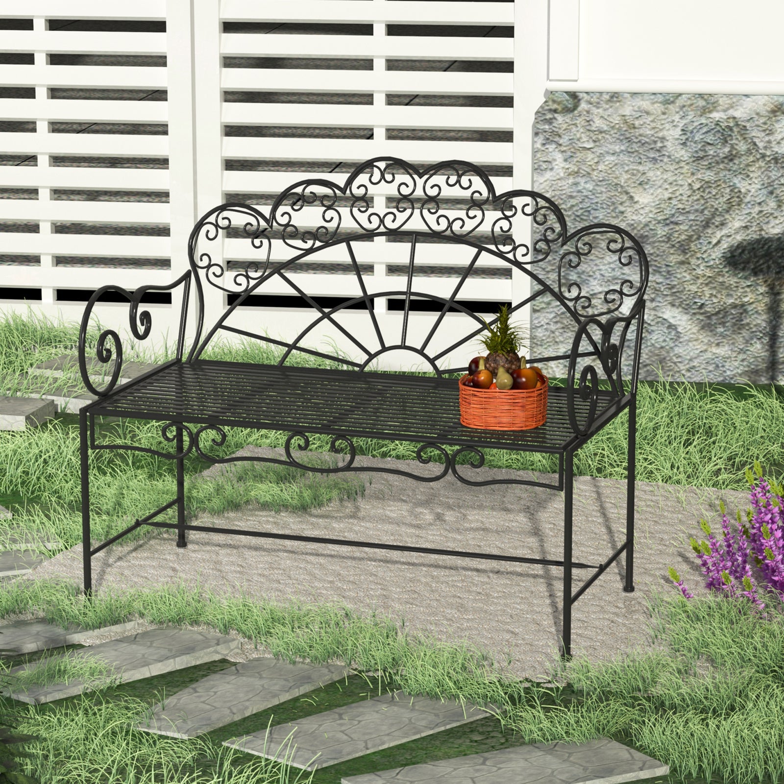 Outsunny Garden Bench, Metal Outdoor Patio Garden Loveseat, Black