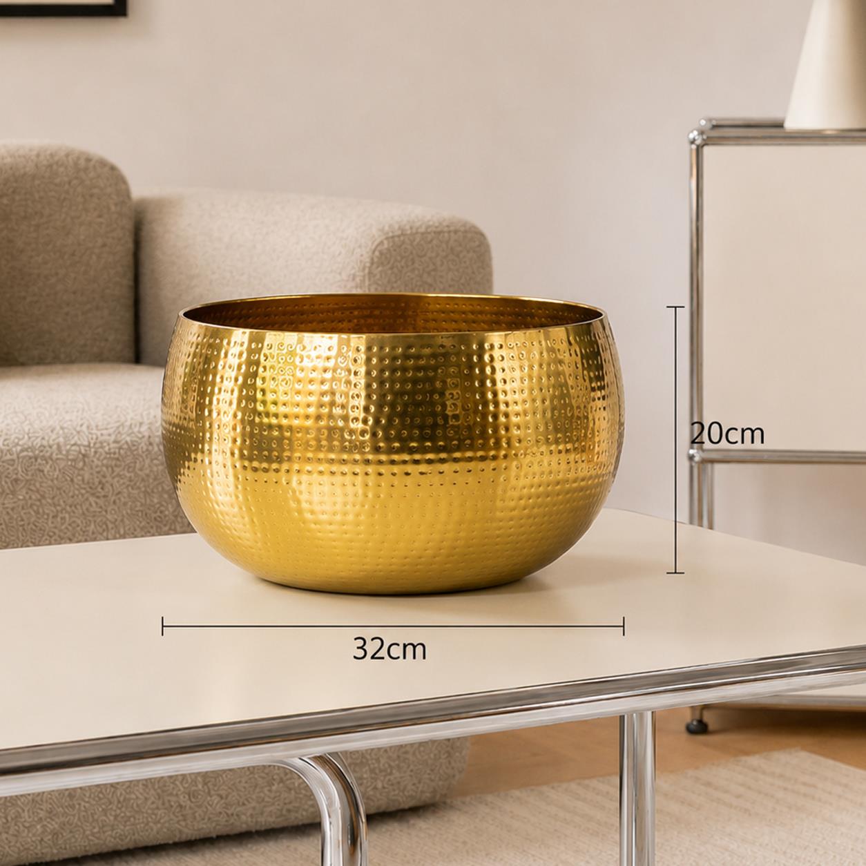 Large Metal Planter Bowl 32 X 20cm Hammered Gold Colour - Straight Edge